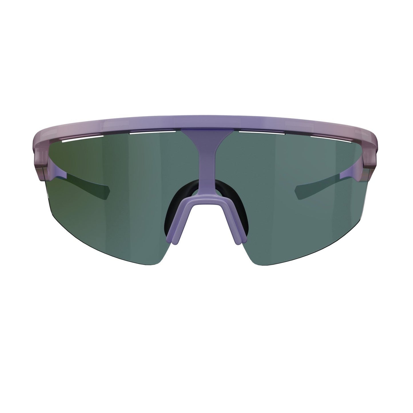 Front view of Dink Eyewear Captiva Lilac Pickleball Sunglasses with a bold purple frame and dark green ColorBoost wraparound lenses, featuring a prominent nose bridge and sharp edges for a sleek, modern, aerodynamic look on white.