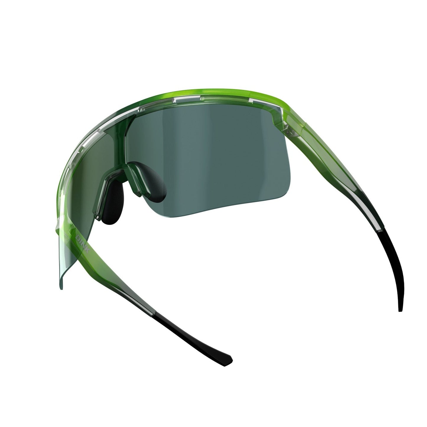 The Captiva Large Lime Sunglasses by Dink Eyewear feature a futuristic green frame, a single tinted ColorBoost lens, sleek curved design, black nose pads, and thin temples with black tips for modern sporty style.