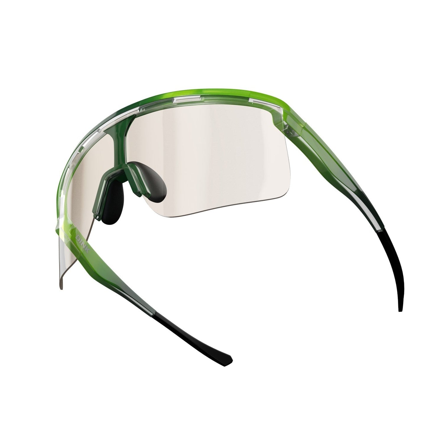 The Dink Eyewear Captiva Large Lime Pickleball Sunglasses feature a green and black frame, clear ColorBoost lenses, black nose pads, and a sporty wrap design for stylish enhanced eye protection.