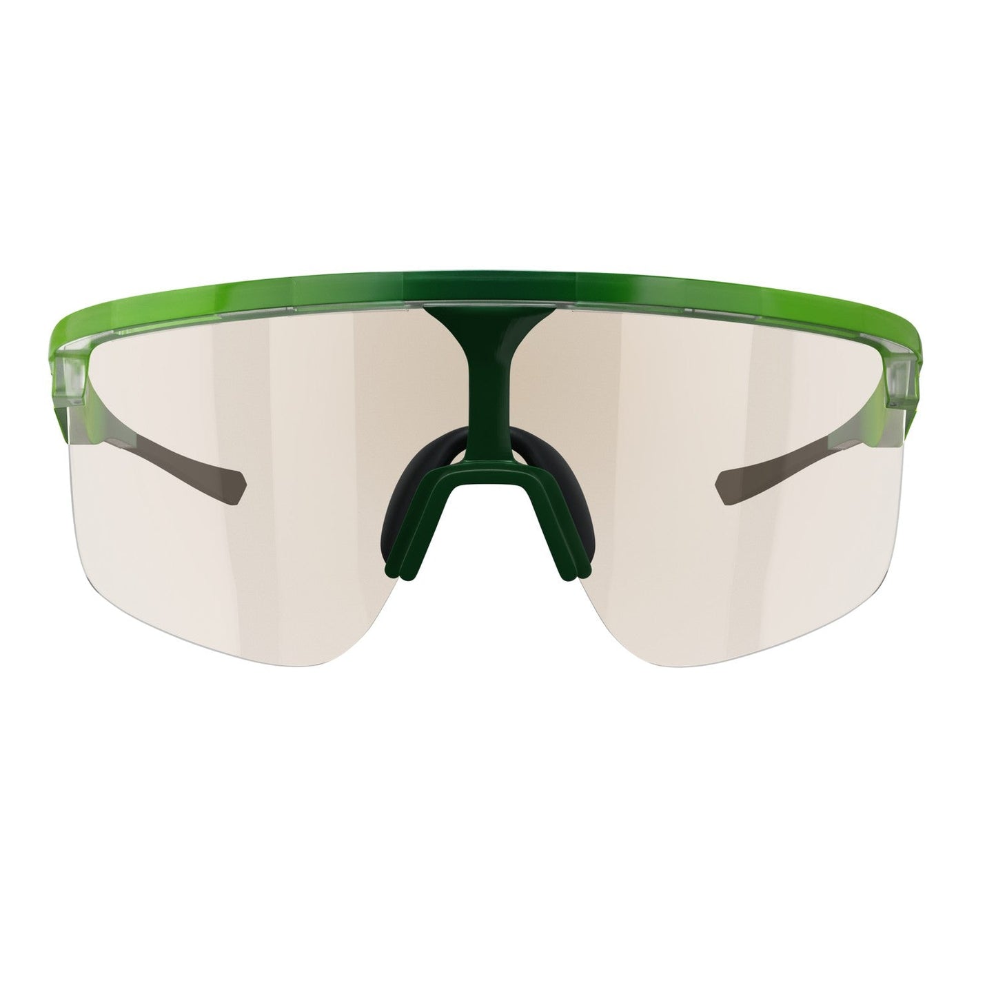 The Captiva Large Lime Sunglasses by Dink Eyewear feature a sporty green frame, black adjustable nose pads, thin black arms, and clear tinted lenses in an aerodynamic wraparound style perfect for athletic performance.