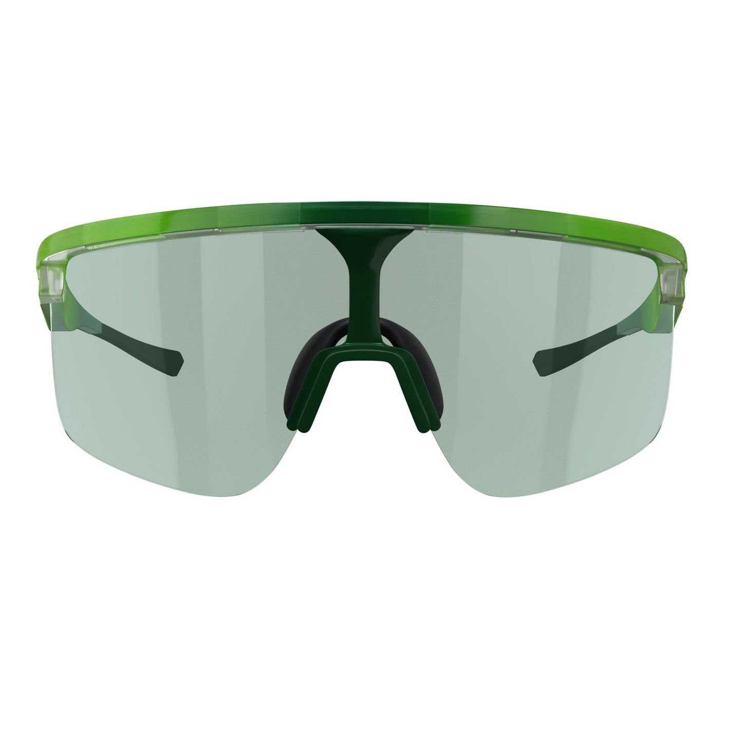 The Captiva Large Lime Sunglasses by Dink Eyewear are sporty, oversized wrap shades with a futuristic frameless design, a single green-tinted ColorBoost lens, green top frame, black arms, and adjustable black nose pads—shown front-facing on white.
