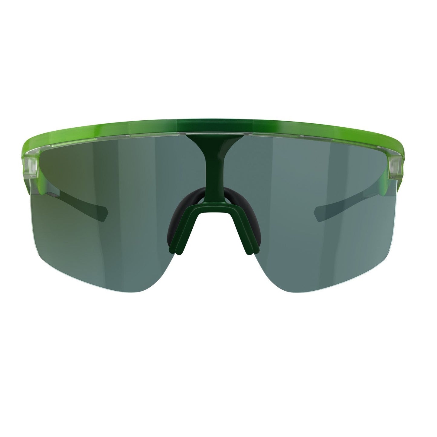 Front view of Dink Eyewear’s Captiva Pickleball Sunglasses: performance sport eyewear with a single dark gray lens, shiny green aerodynamic frame, black nose pads, partially visible temples, and UV protection.