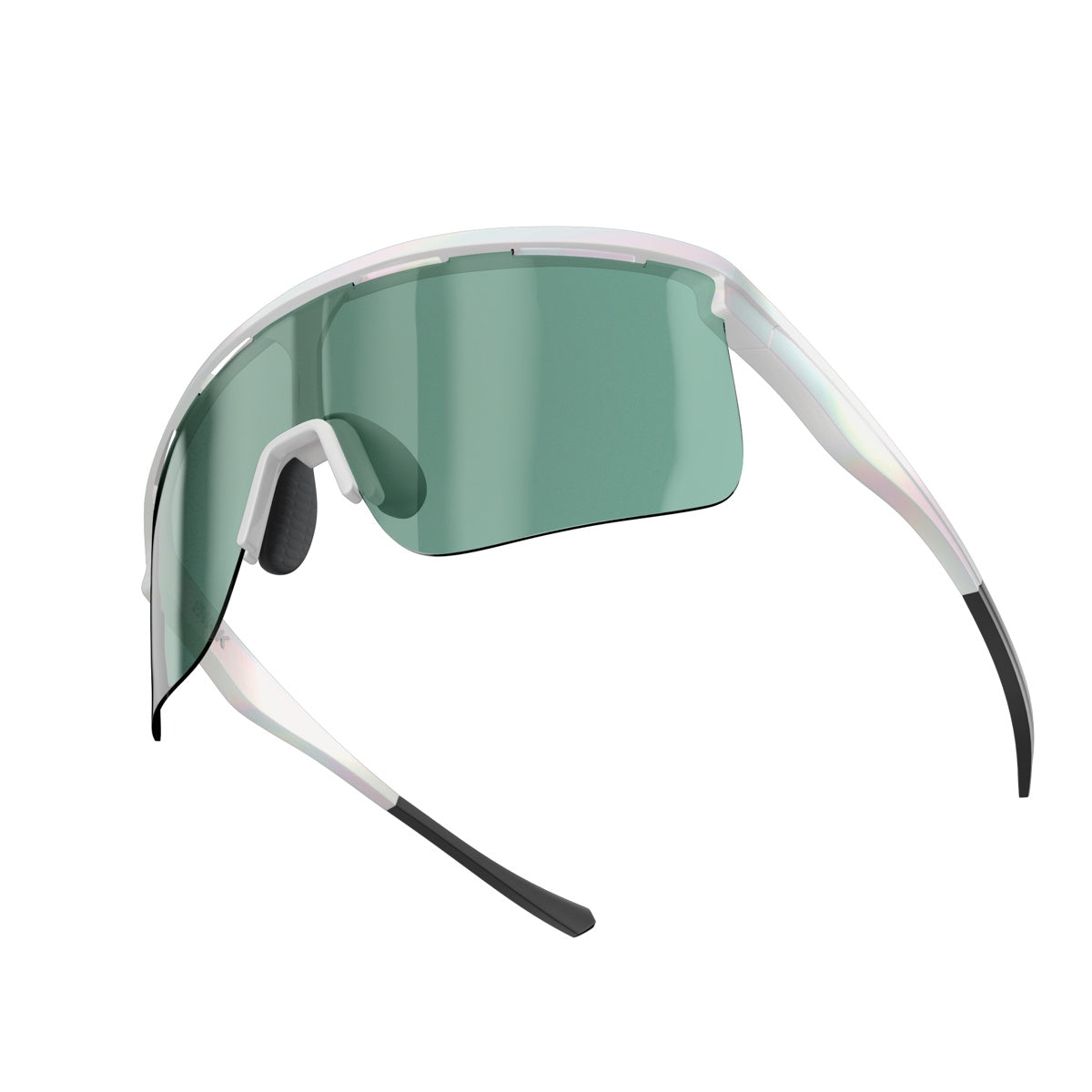 The Dink Eyewear Captiva Large White Pearl Pickleball Sunglasses feature a wide green-tinted ColorBoost visor lens, thin white frames, black rubber tips, and soft nose pads for comfort and grip—perfect for top athletic performance.