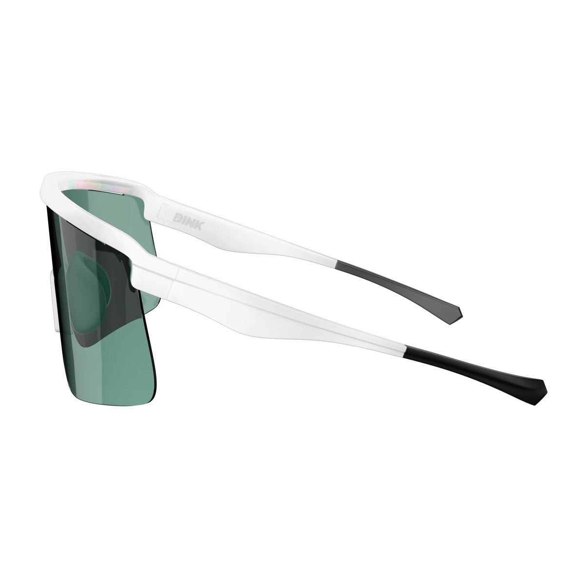 The Dink Eyewear Captiva Large White Pearl Pickleball Sunglasses feature modern, angular white frames, black-tipped arms, and a large green ColorBoost lens. Shown on a white background to showcase their sleek, sporty design.