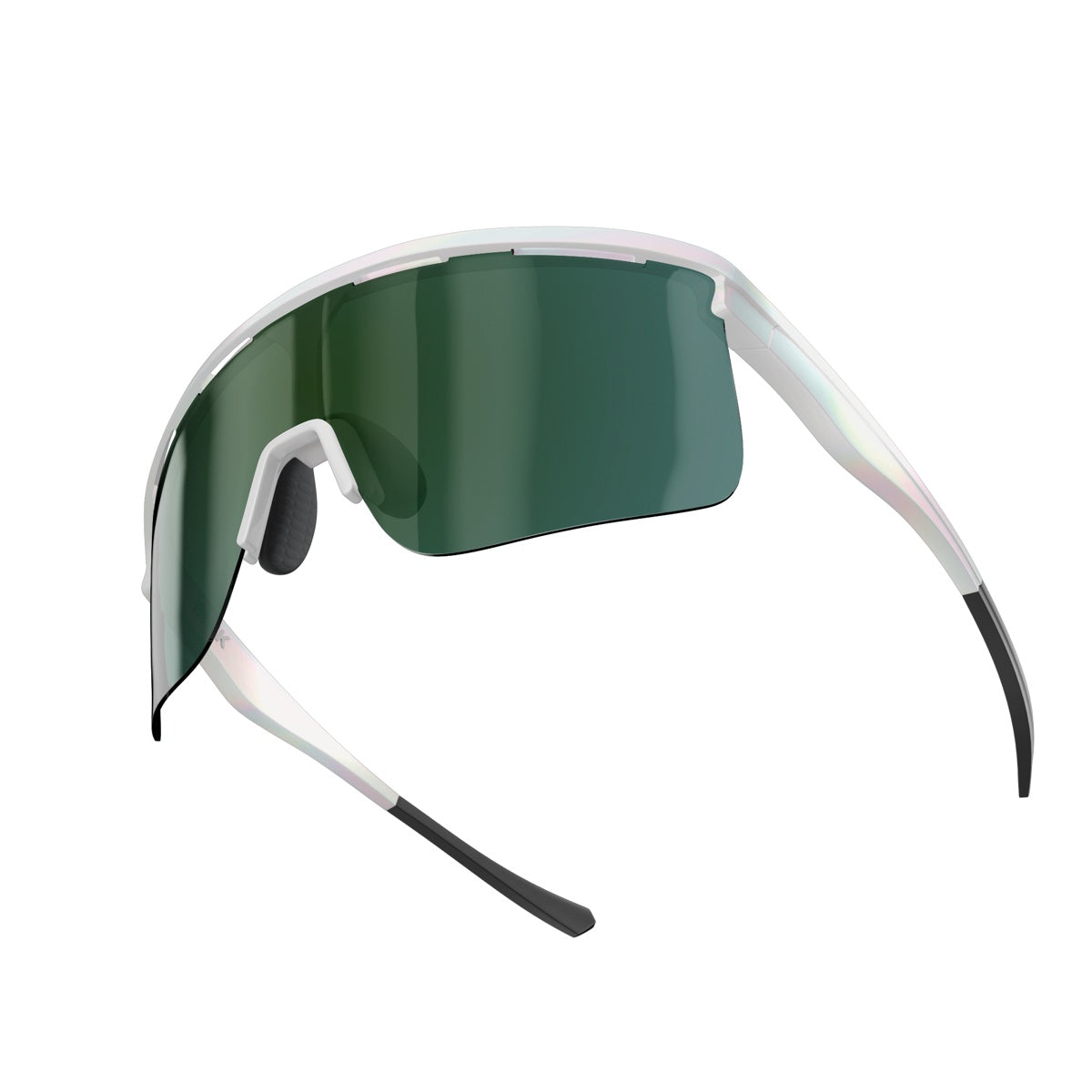 Dink Eyewear Captiva Pickleball Sunglasses feature a large green-tinted ColorBoost lens, semi-transparent white frame, black rubber ear tips, and adjustable nose pads. Performance sport eyewear with UV protection is shown on a plain white background.