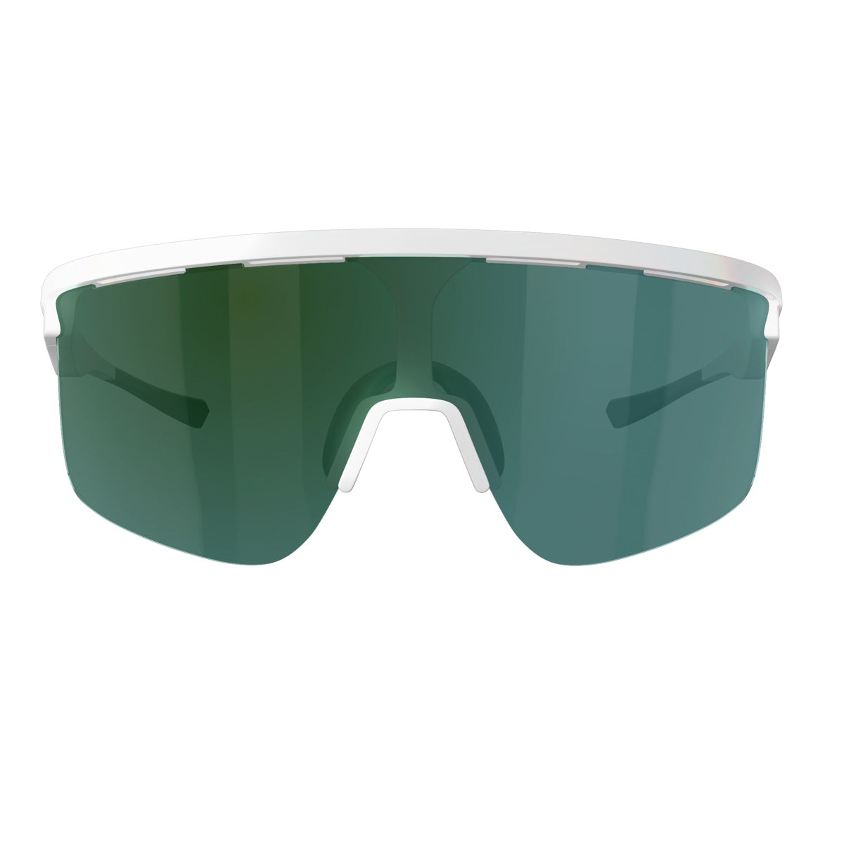 Front view of Dink Eyewear Captiva Pickleball Sunglasses: sporty white frame, single large green-tinted wraparound ColorBoost lens with UV protection, modern nose bridge, and sleek, minimal arms for peak performance.