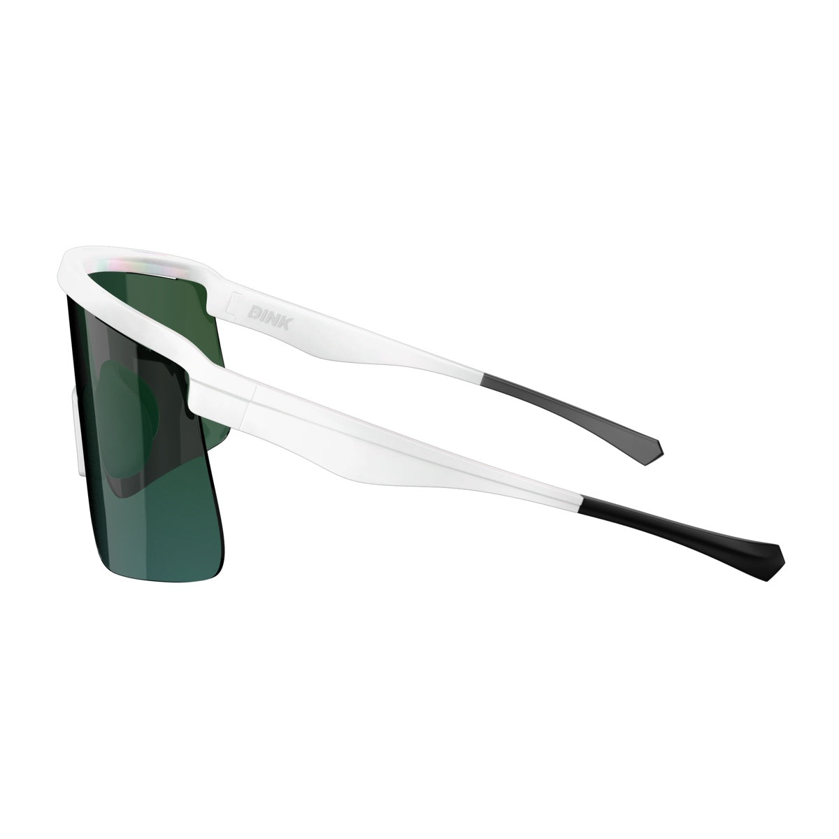The Dink Eyewear Captiva Pickleball Sunglasses feature a wide green-tinted ColorBoost lens, white wraparound frame, and sporty white arms with black tips—perfect performance sport eyewear with UV protection.
