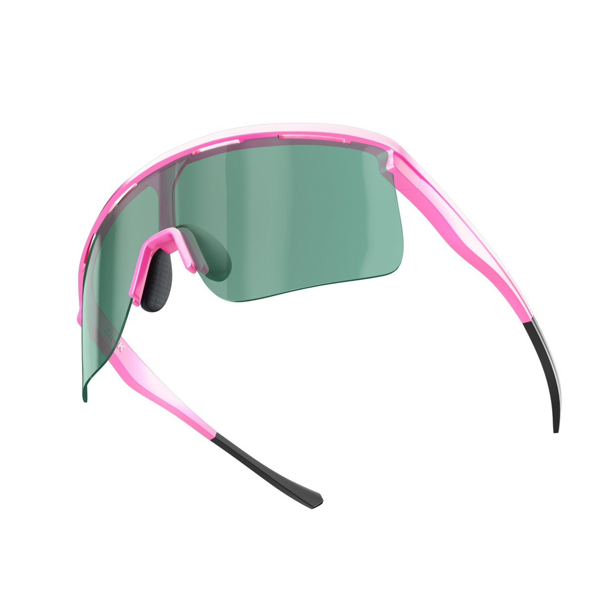 The Captiva Large Pink Pearl Sunglasses by Dink Eyewear feature a single green-tinted lens, bold pink frame, and black nose pads—sleek performance eyewear designed for athletic or outdoor activities.