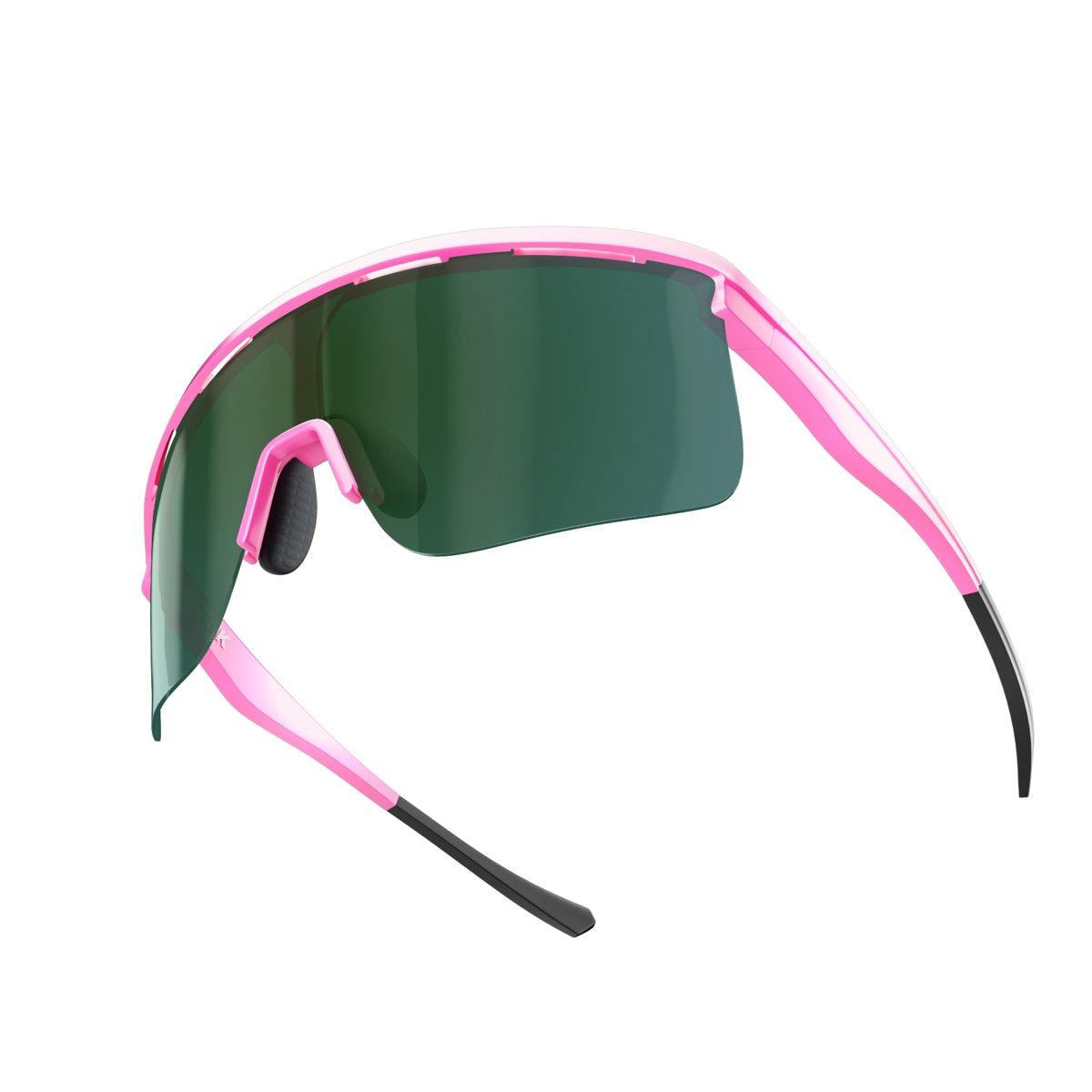 The Dink Eyewear Captiva Pickleball Sunglasses feature a single large green ColorBoost lens, pink frame, pink arms with black tips, and black nose pads. Their modern, sporty design offers UV protection and high performance against a white background.