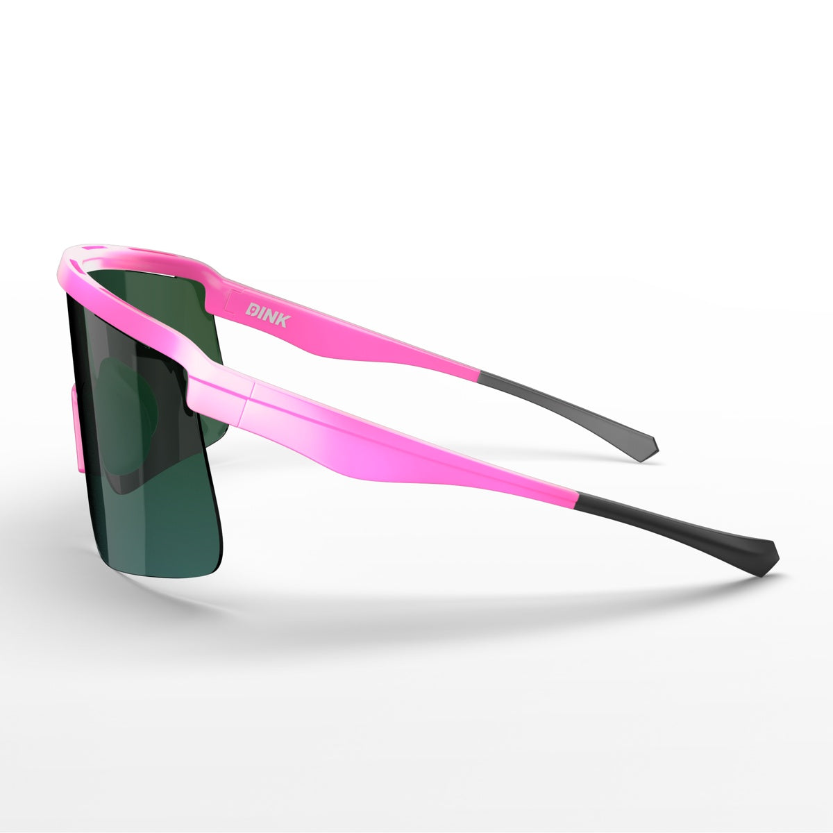 The Dink Eyewear Captiva Large Pink Pearl Sunglasses feature a sporty wrap design, bright pink frame, black rubber tips, large dark green ColorBoost lenses, and DINK printed in white on the side. Background is plain white.