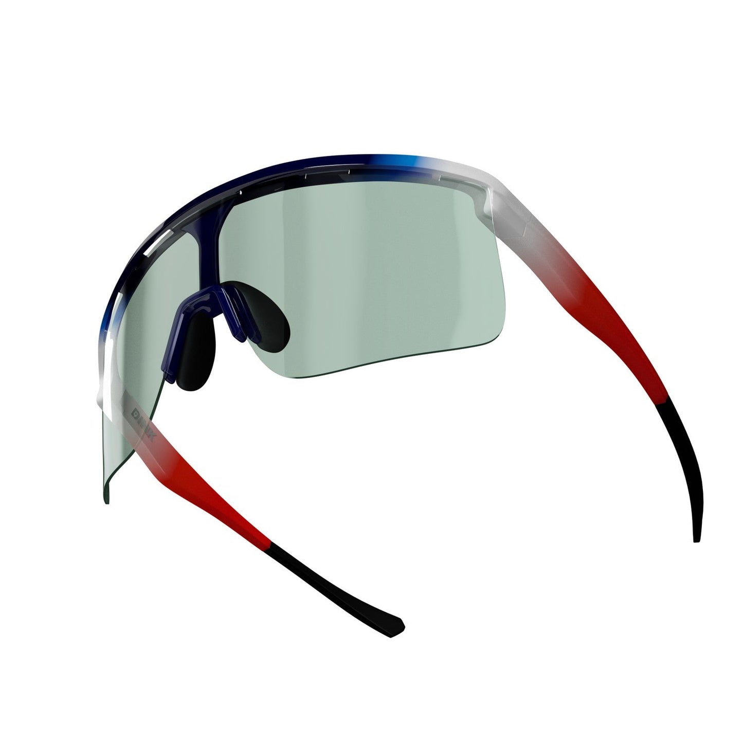The Dink Eyewear Captiva Large USA Red White Blue Sunglasses feature a futuristic wraparound single-lens design with ColorBoost lens technology, a frame fading from dark blue to white and red, and black tips. Nose pads are visible; the lens has a green tint.