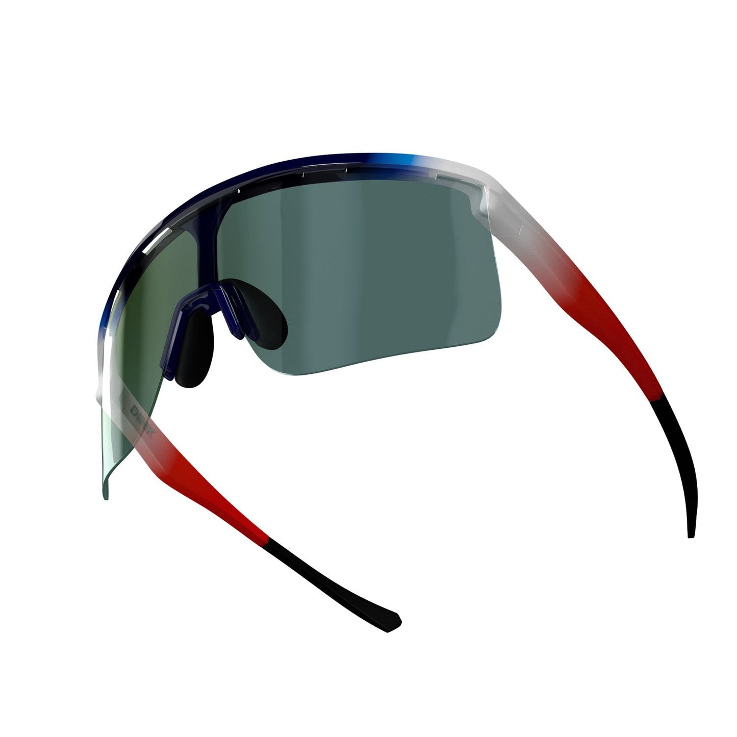 The Dink Eyewear Captiva Large USA Red White Blue Sunglasses feature a bold single green ColorBoost lens and a frame that fades from blue to white to red, finished with black tips and nose pads for a sporty, futuristic look.