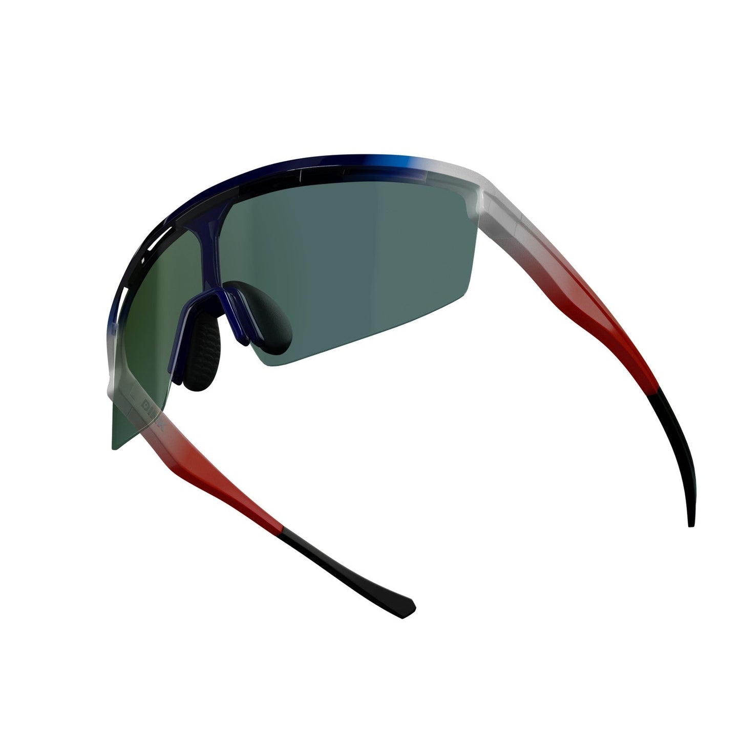 The Dink Eyewear Captiva USA Sunglasses feature futuristic wrap styling, green ColorBoost lenses, a dark blue-to-red aerodynamic frame with black tips and nose pads—perfect sporty shades on a white background.