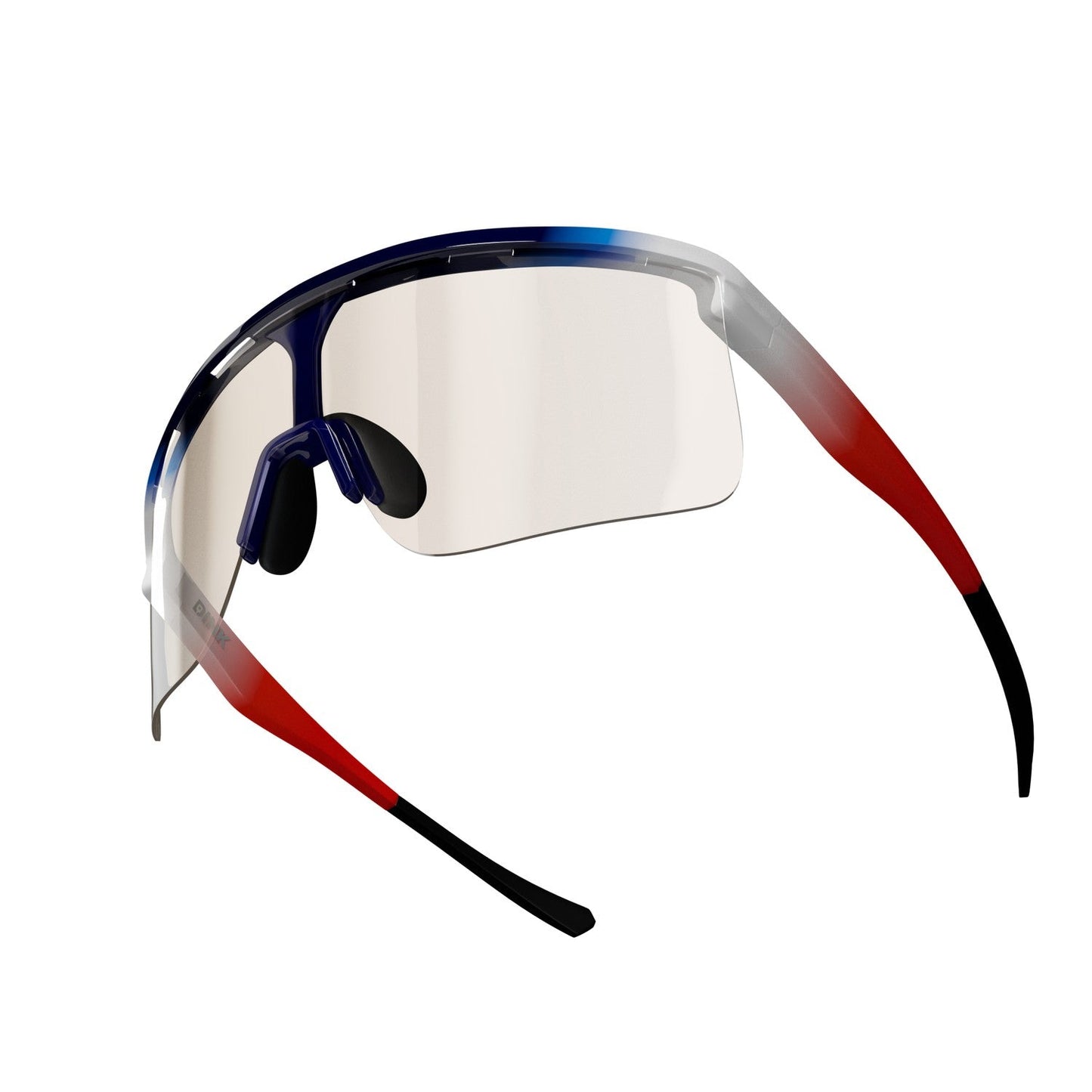 The Dink Eyewear Captiva Pickleball Sunglasses feature a sleek, curved clear lens with ColorBoost tech, UV protection, navy-to-red arms with black tips, and adjustable nose pads for a secure, comfortable fit.
