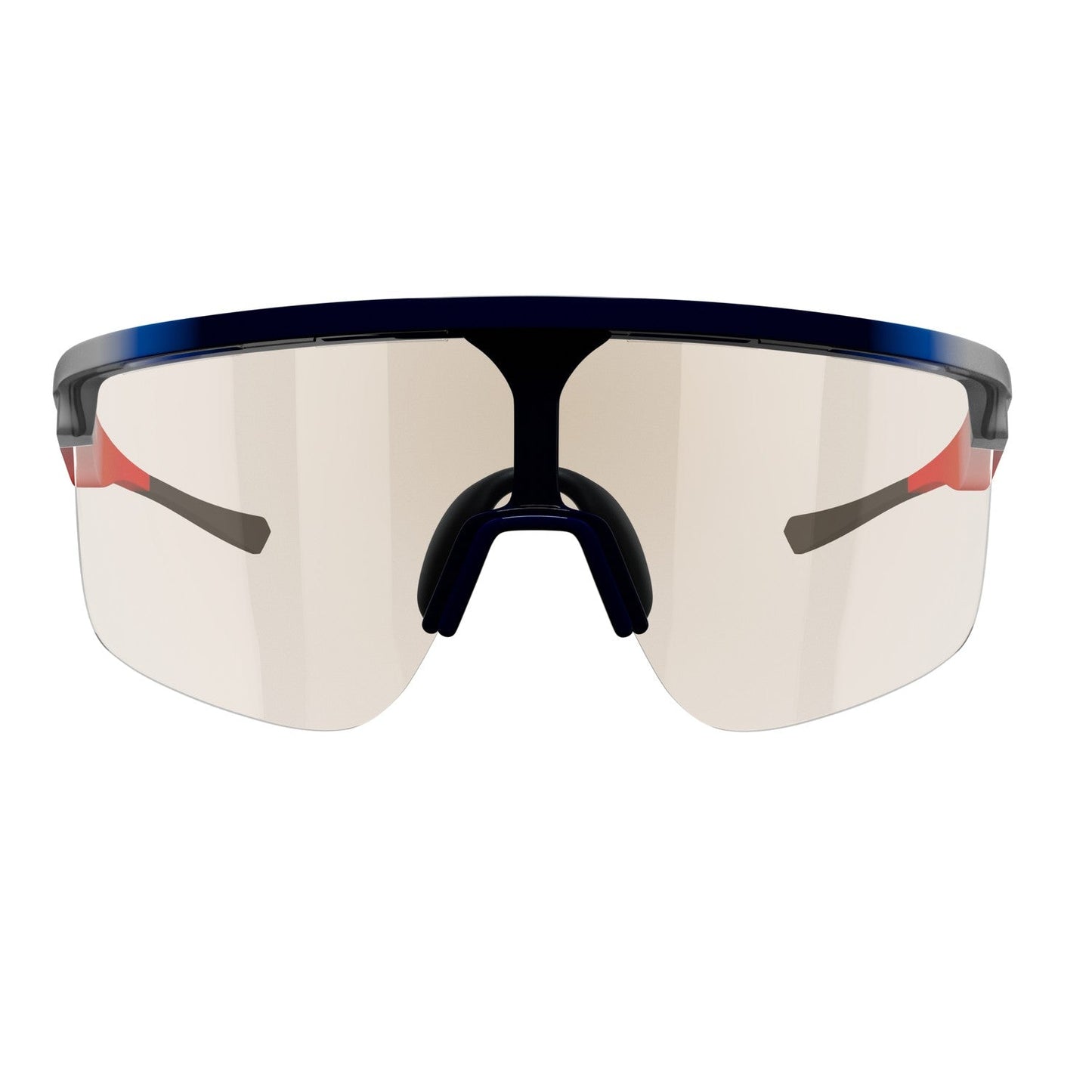 Front view of Dink Eyewear Captiva Large USA Red White Blue Pickleball Sunglasses with a single wide mirrored lens, dark blue frame, black and red accents, ColorBoost lens tech for clarity, and prominent nose pads.