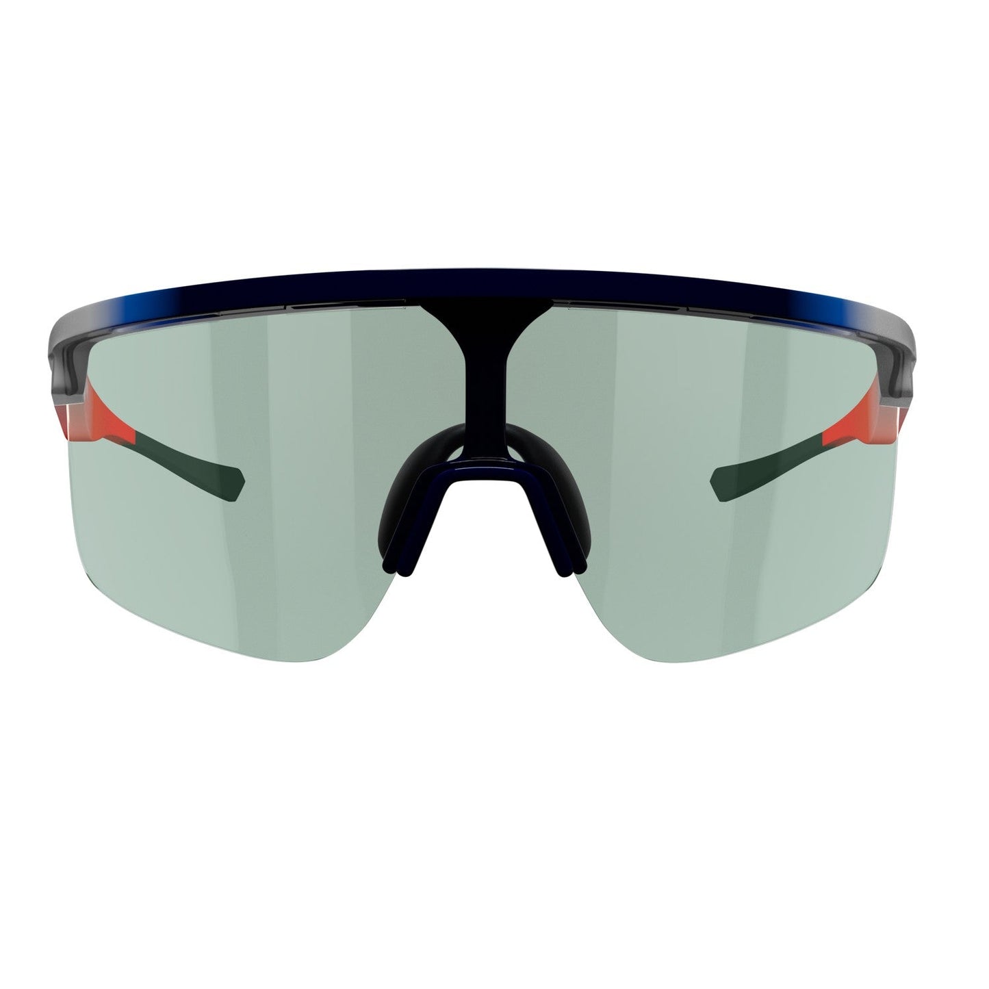 Close-up front view of the Dink Eyewear Captiva Pickleball Sunglasses, performance sport eyewear with UV protection featuring a single green-tinted ColorBoost lens, black frame, dark blue top rim, red temple accents, black nose pad, and straight arms.