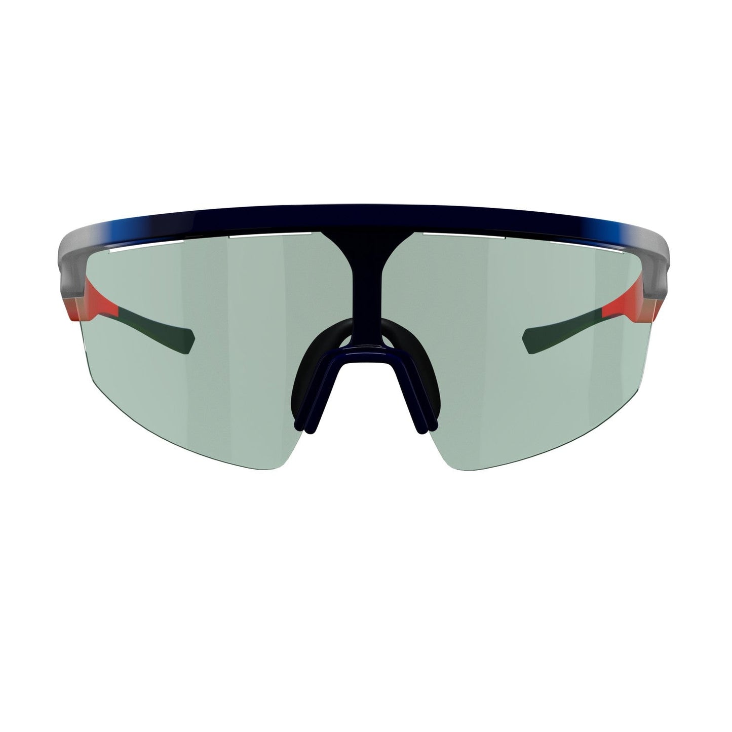The Dink Eyewear Captiva Pickleball Sunglasses feature a dark blue frame, a wide mirrored ColorBoost lens, dark arms with red accents, and a padded nose pad for comfort. These modern sport sunglasses offer UV protection on a plain white background.