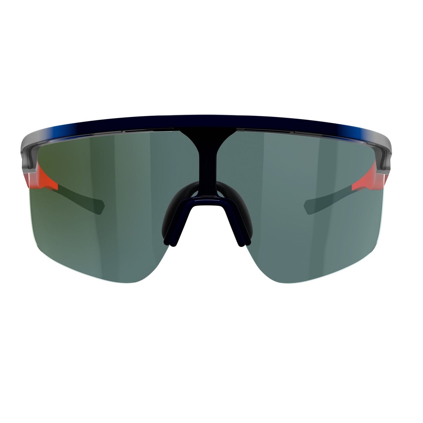 Front view of Dink Eyewear Captiva Pickleball Sunglasses: performance sport eyewear with a single wraparound green-tinted ColorBoost lens, black frame and nose piece, red accents, and UV protection—ideal for athletic or outdoor use.