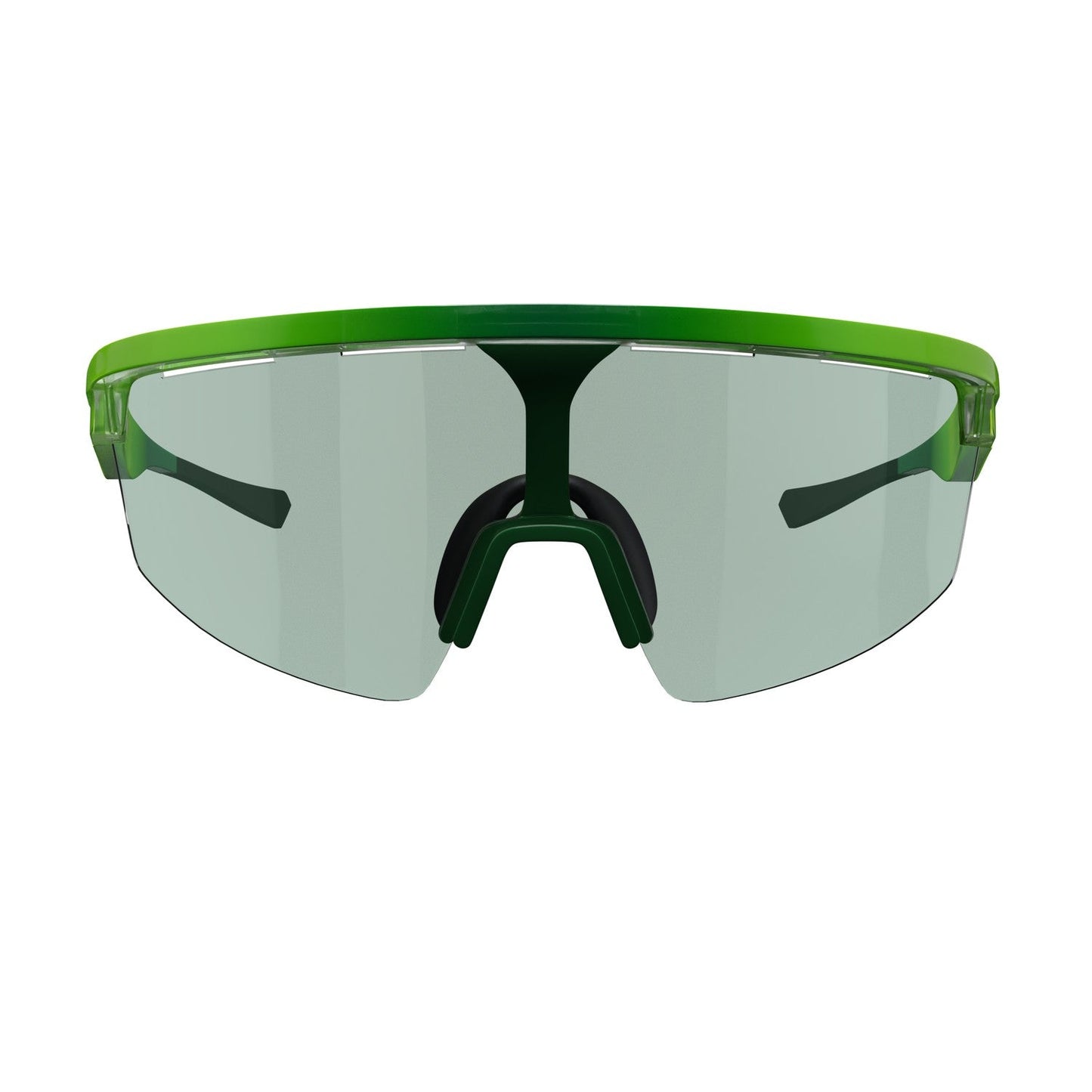 The Captiva Pickleball Sunglasses by Dink Eyewear feature a sporty green wraparound frame, light gray mirrored lenses with UV protection, black nose pad, and straight arms for an aerodynamic look. Shown front view on a white background.