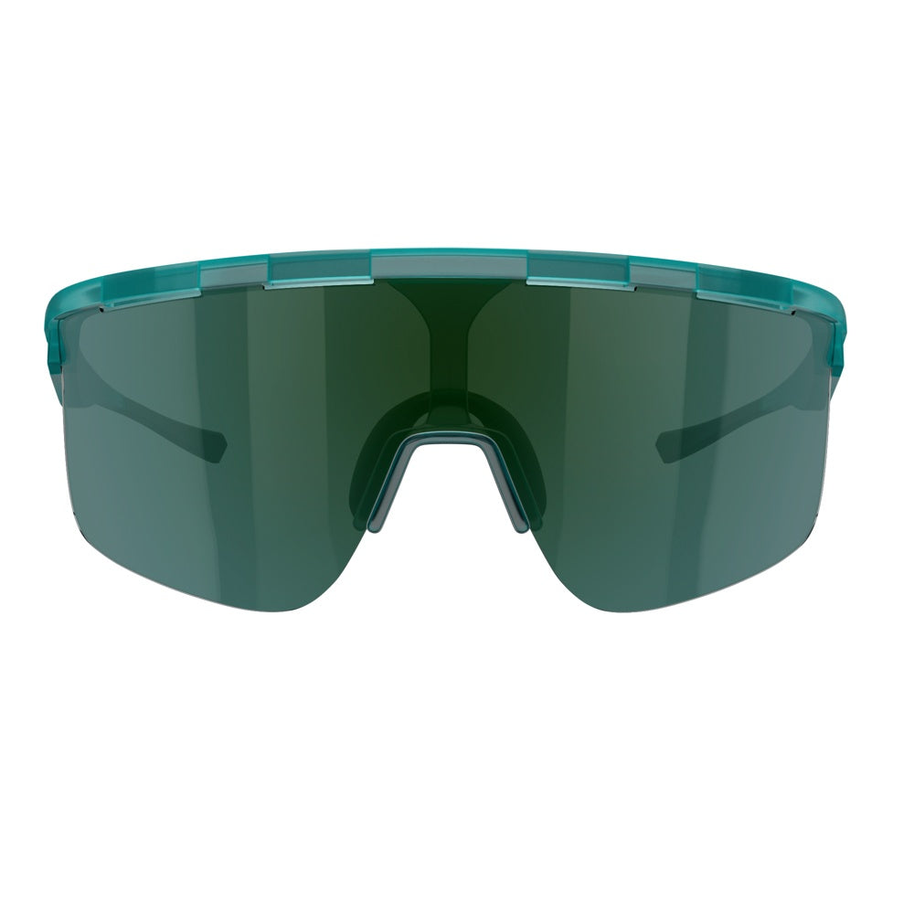 Front view of Dink Eyewear Captiva Large Emerald Green Pickleball Sunglasses with a sleek teal frame and single green ColorBoost lens, offering full eye coverage and protection in a modern, unbranded sport design.