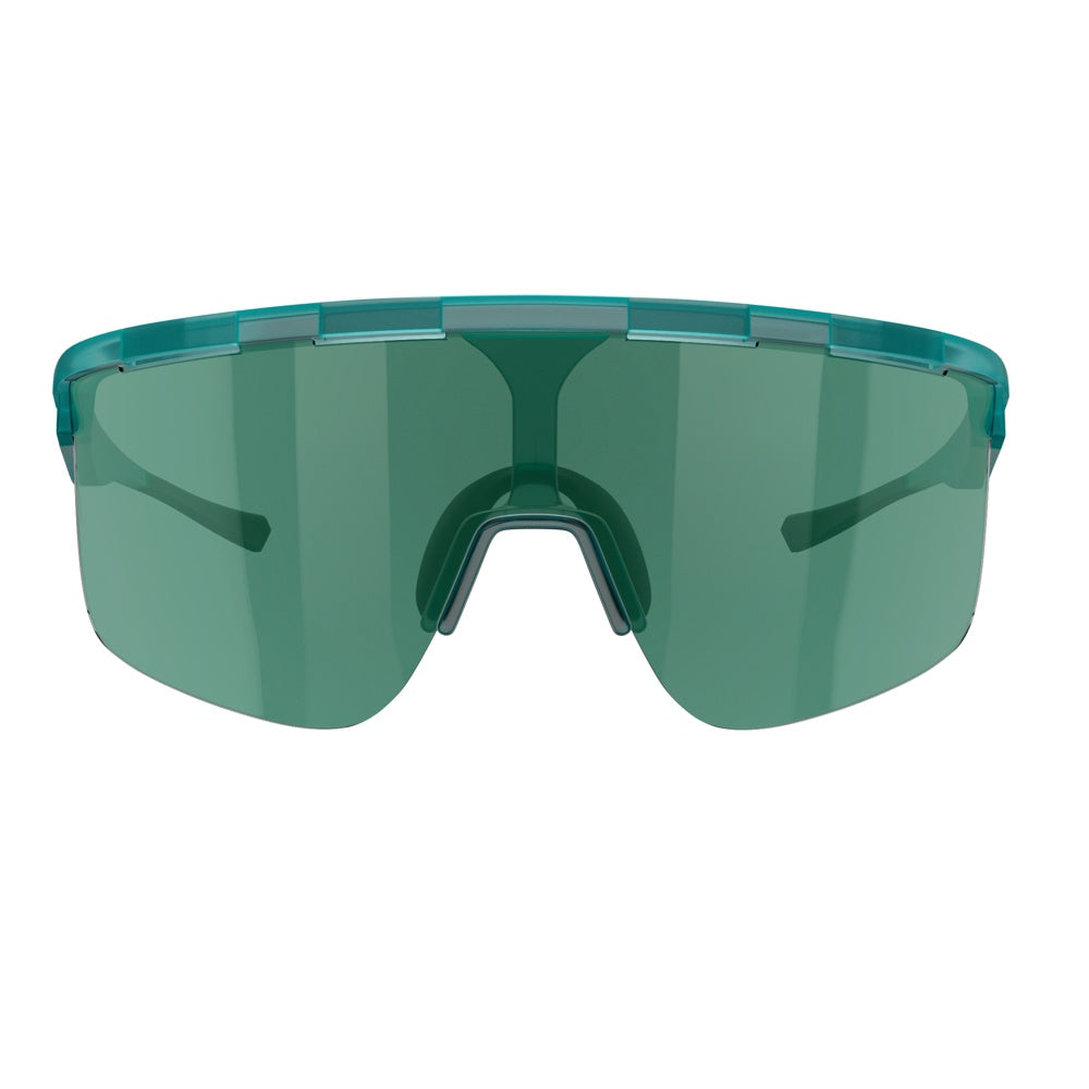 The Dink Eyewear Captiva Large Emerald Green Sunglasses feature a single wide ColorBoost lens with green tint, a teal top frame, integrated nose pads, and frameless bottom, shown from the front against a white background.