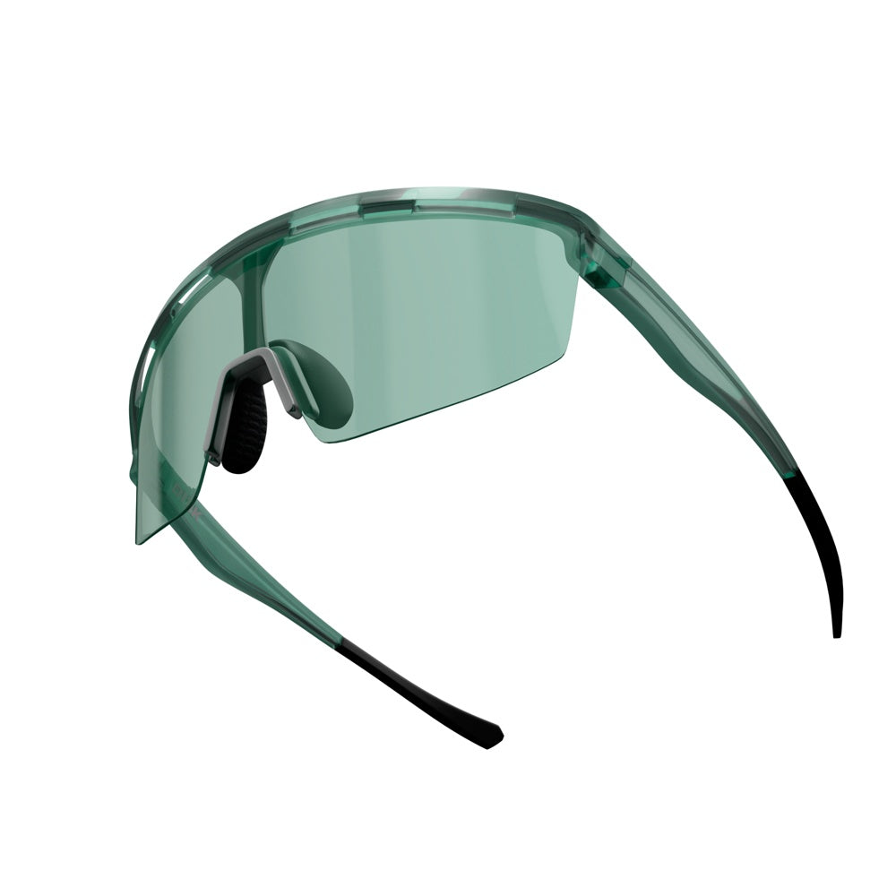 Dink Eyewear Captiva Emerald Green Sunglasses feature an oversized sporty wrap design, ColorBoost lenses, black temple tips, and adjustable nose pads. Lightweight and modern, these glasses provide premium protection for industrial or lab use on a white background.