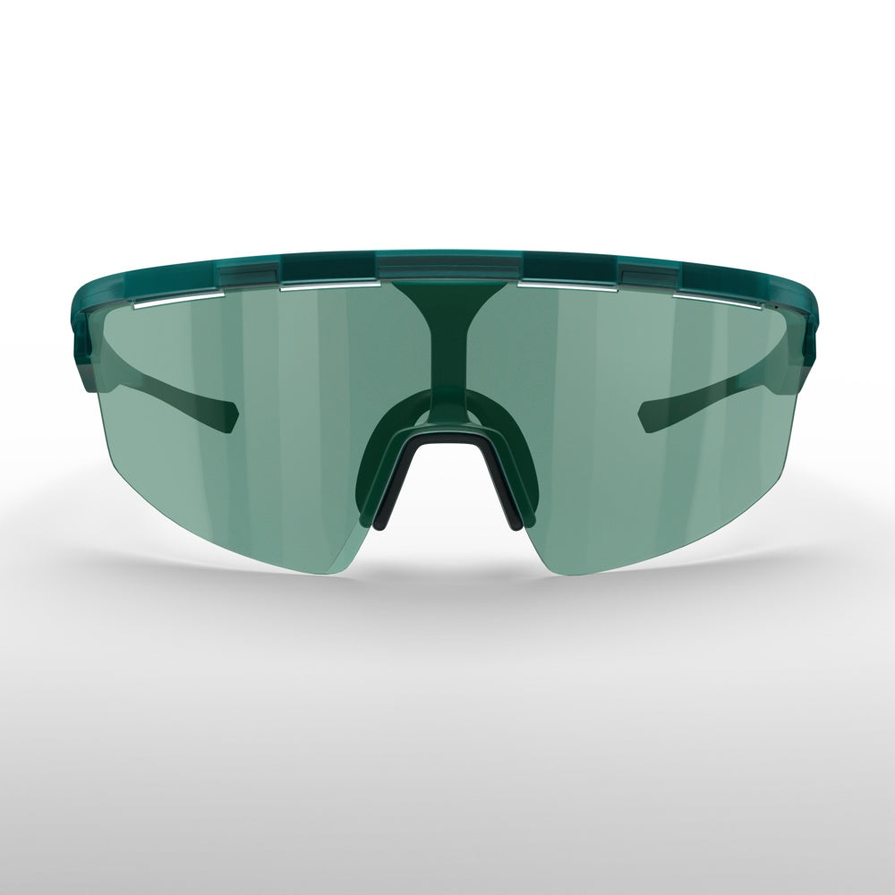 The Dink Eyewear Captiva Pickleball Sunglasses feature a single green-tinted shield lens, dark green top frame, and black nose pads, shown front-facing on a white background. Performance sport eyewear with UV protection.