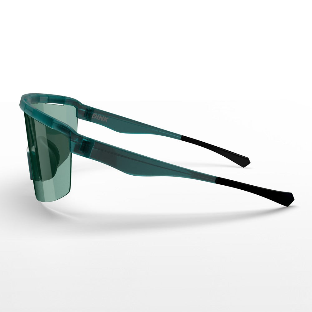 The Captiva Pickleball Sunglasses from Dink Eyewear feature a translucent teal wraparound lens and thick angular arms. With ColorBoost lens tech and UV protection, these modern sport shades display the DINK logo on the side against a white surface.