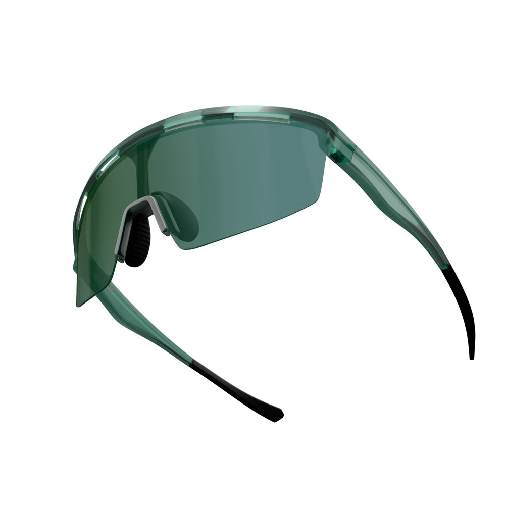 The Captiva Emerald Green Sunglasses by Dink Eyewear showcase a futuristic, translucent green oversized wrap design with a single ColorBoost lens, integrated nose pads, and black-tipped arms, resembling high-tech eyewear.