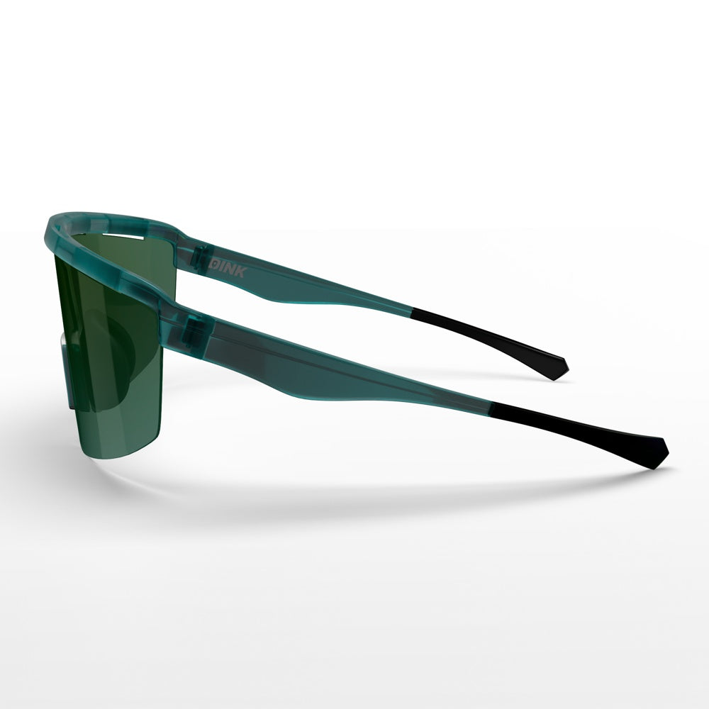 The Dink Eyewear Captiva Pickleball Sunglasses are modern translucent teal sport eyewear with a single wide lens, thick angular arms, black tips, and ColorBoost lens technology for UV protection—all set against a sleek white background.