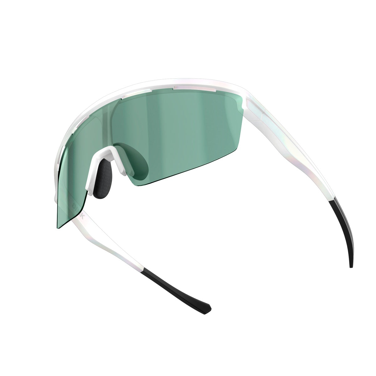 Dink Eyewear's Captiva White Pearl Sunglasses feature a sleek, rimless wrap design with a single curved green ColorBoost lens, white frame, and black pads—perfect for a modern, sporty look and high performance.
