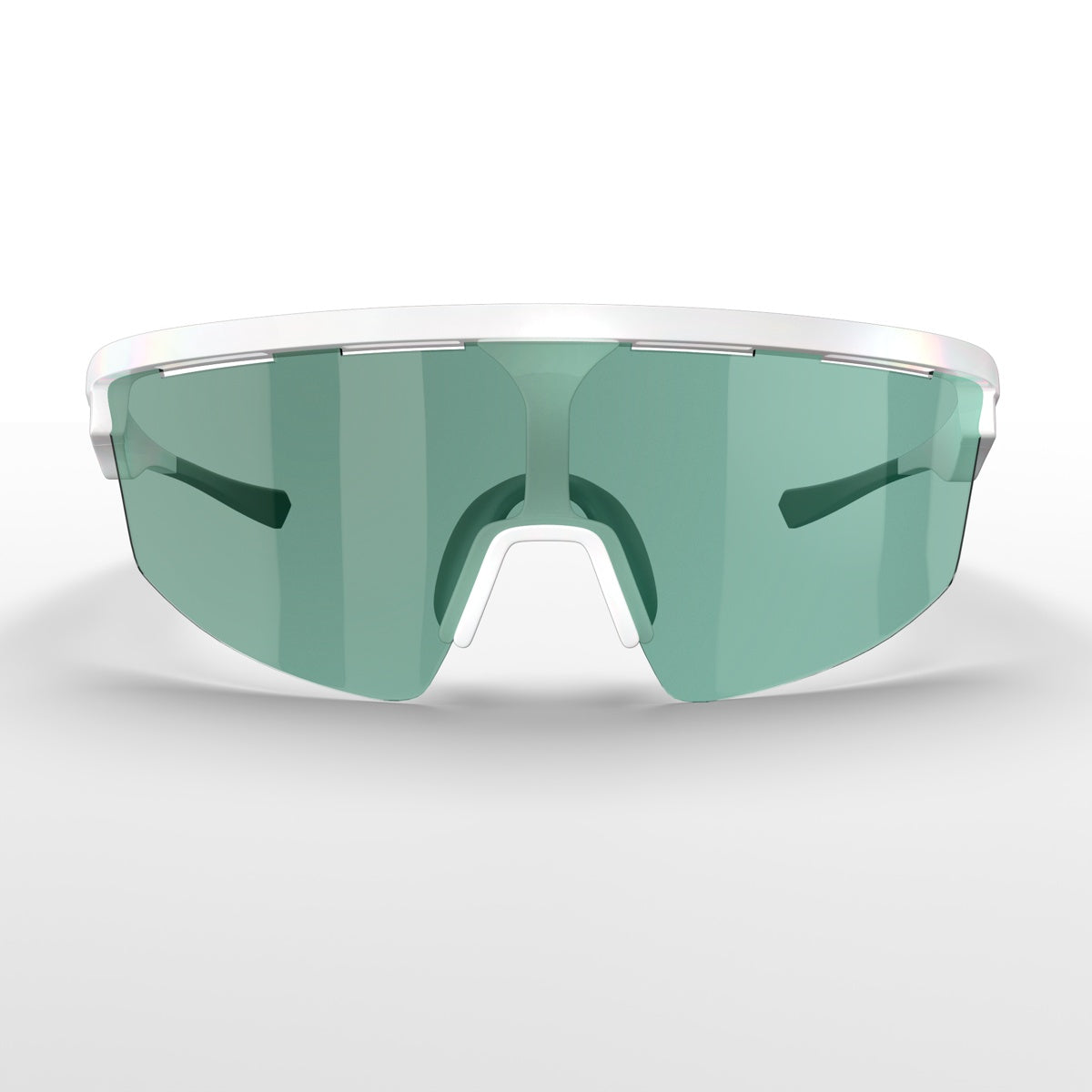 Front view of Dink Eyewear Captiva Pickleball Sunglasses showcases a single green-tinted ColorBoost lens, white nose bridge, and frame. The minimalist, sporty design offers UV protection and features no visible branding against a plain white background.