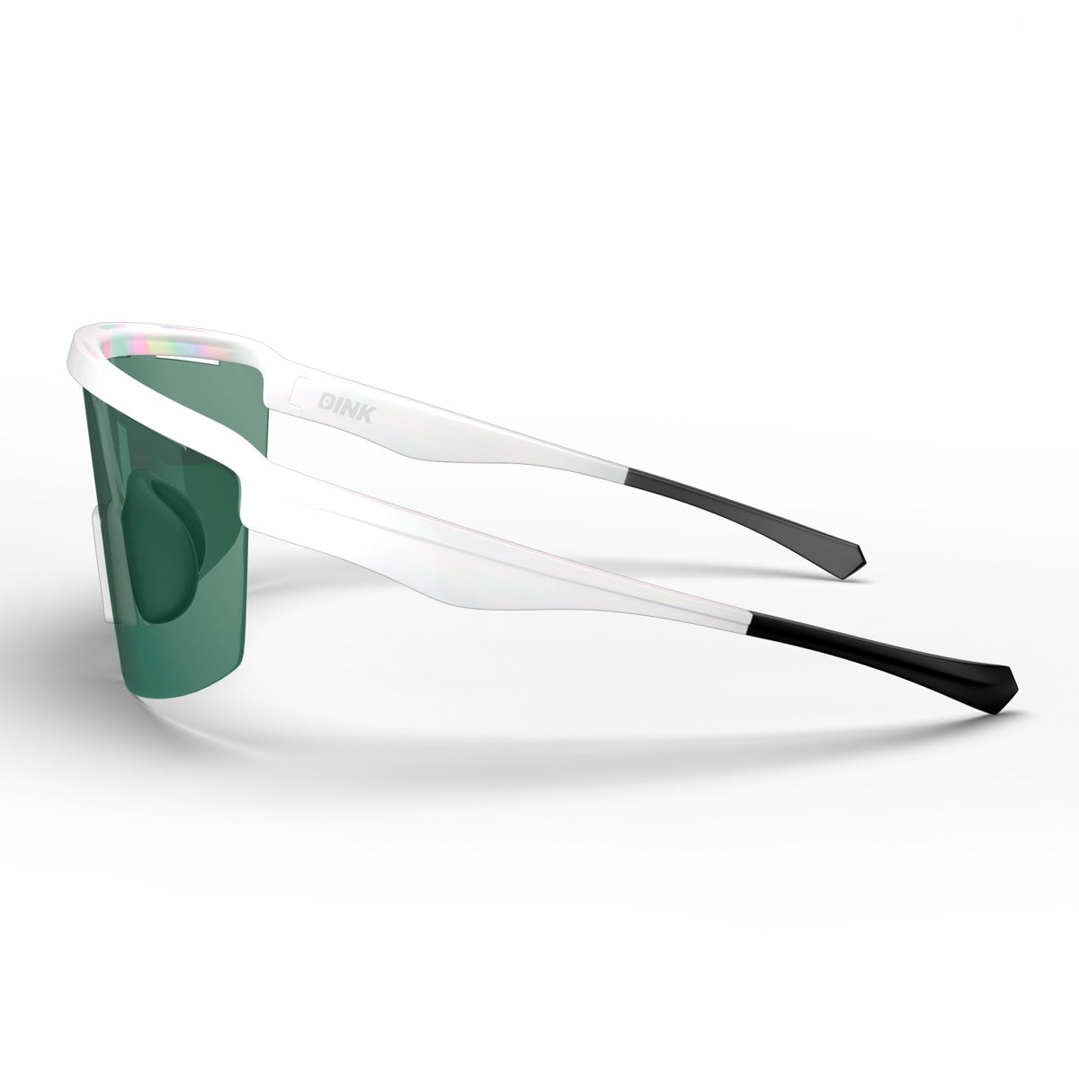 A green disposable cup is attached to Dink Eyewear Captiva White Pearl Pickleball Sunglasses, featuring sporty oversized white frames with black tips, creating a novelty wearable cup holder. The image appears against a white background.
