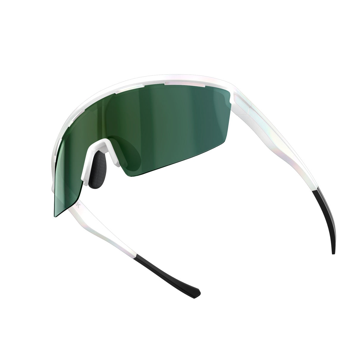 The Captiva White Pearl Sunglasses by Dink Eyewear feature a single green ColorBoost lens, white semi-rimless frame, black nose pads, and rubber ear tips. Their sporty aerodynamic design offers sleek style and top performance for cycling or athletics.