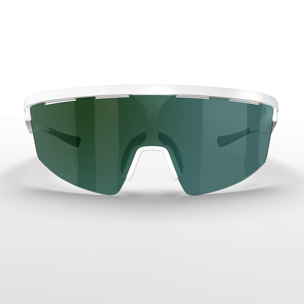 The Captiva White Pearl Sunglasses by Dink Eyewear feature a sporty wrap design with a single curved green-tinted ColorBoost lens and white frame, all in a sleek, minimalist look. Photographed against a white background.