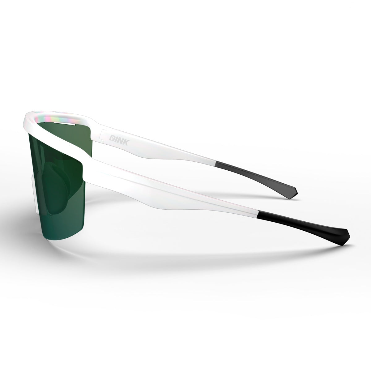 The Captiva White Pearl Pickleball Sunglasses by Dink Eyewear, featuring white temples and black tips, appear fused with a green plastic cup in place of the lenses, creating a surreal and eye-catching object against a plain white background.