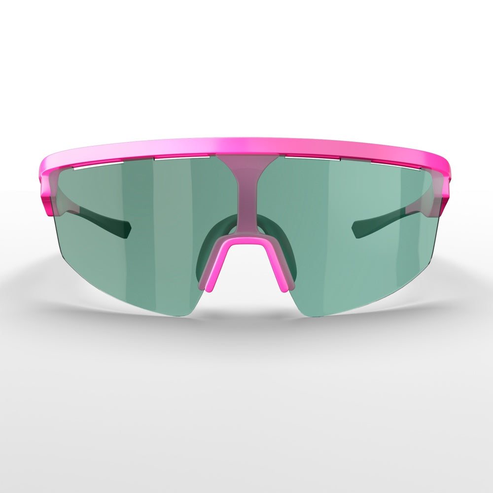The Captiva Pink Pearl Sunglasses by Dink Eyewear feature a sporty pink and green wrap design and ColorBoost lens technology, making them the stylish, high-performance choice for vibrant views on active days.