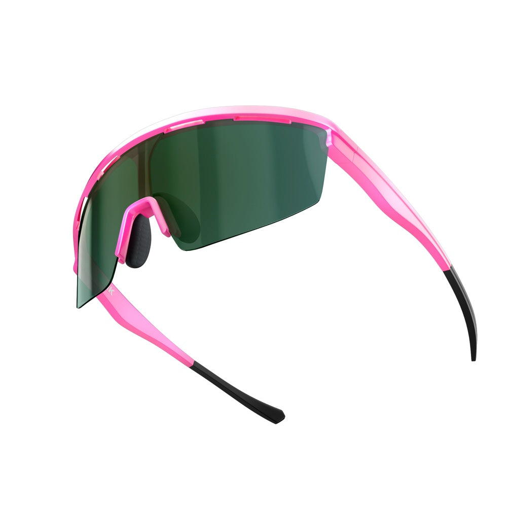 Dink Eyewear's Captiva Pink Pearl Pickleball Sunglasses feature a sporty wrap design with a bright pink frame, black ear tips and nose pads, plus a single large green-tinted ColorBoost lens. Set against a plain white background.