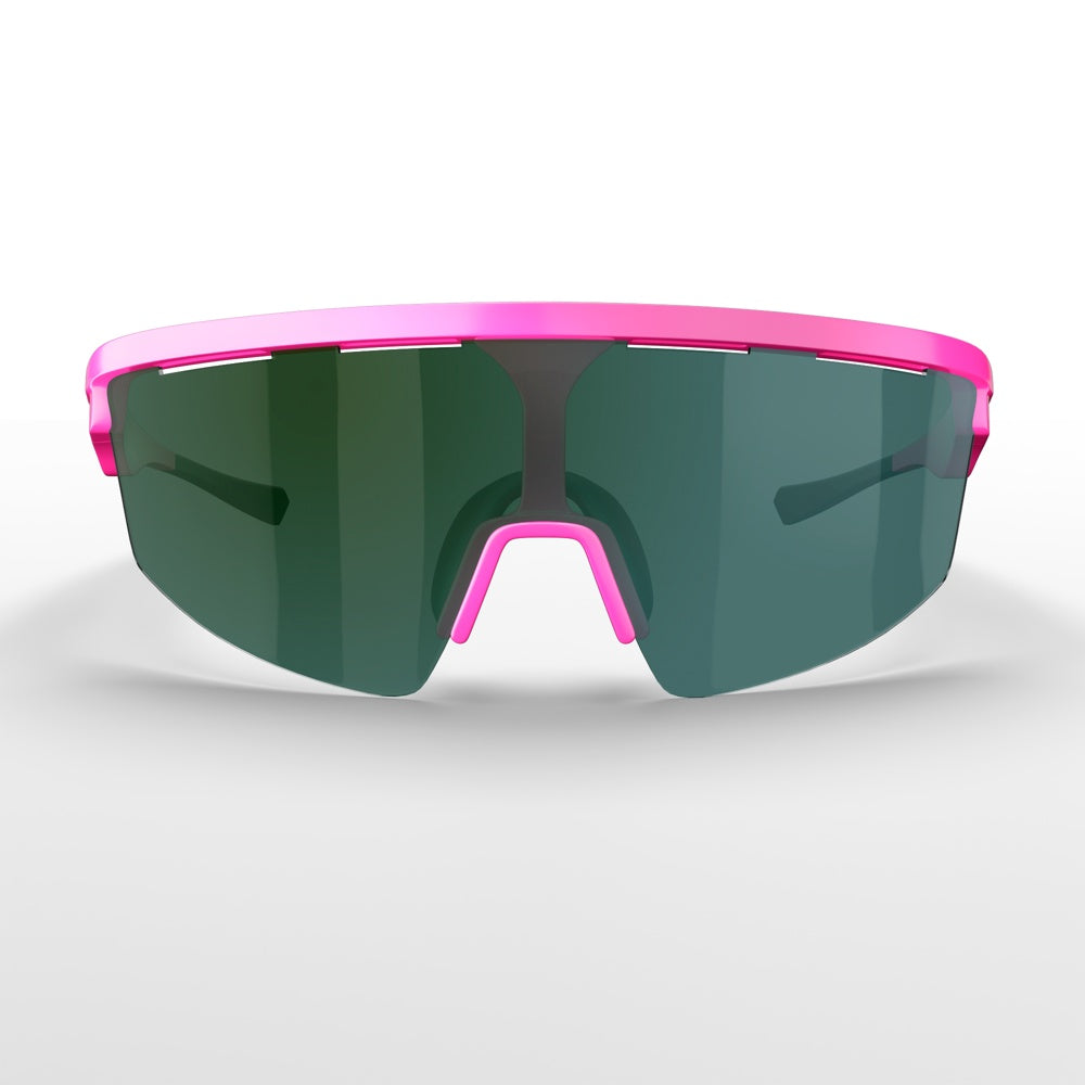 Front view of Dink Eyewear Captiva Pink Pearl Pickleball Sunglasses with a bright pink frame, green-tinted ColorBoost lenses, wide coverage, straight top line, and bold pink nose bridge against a white background.