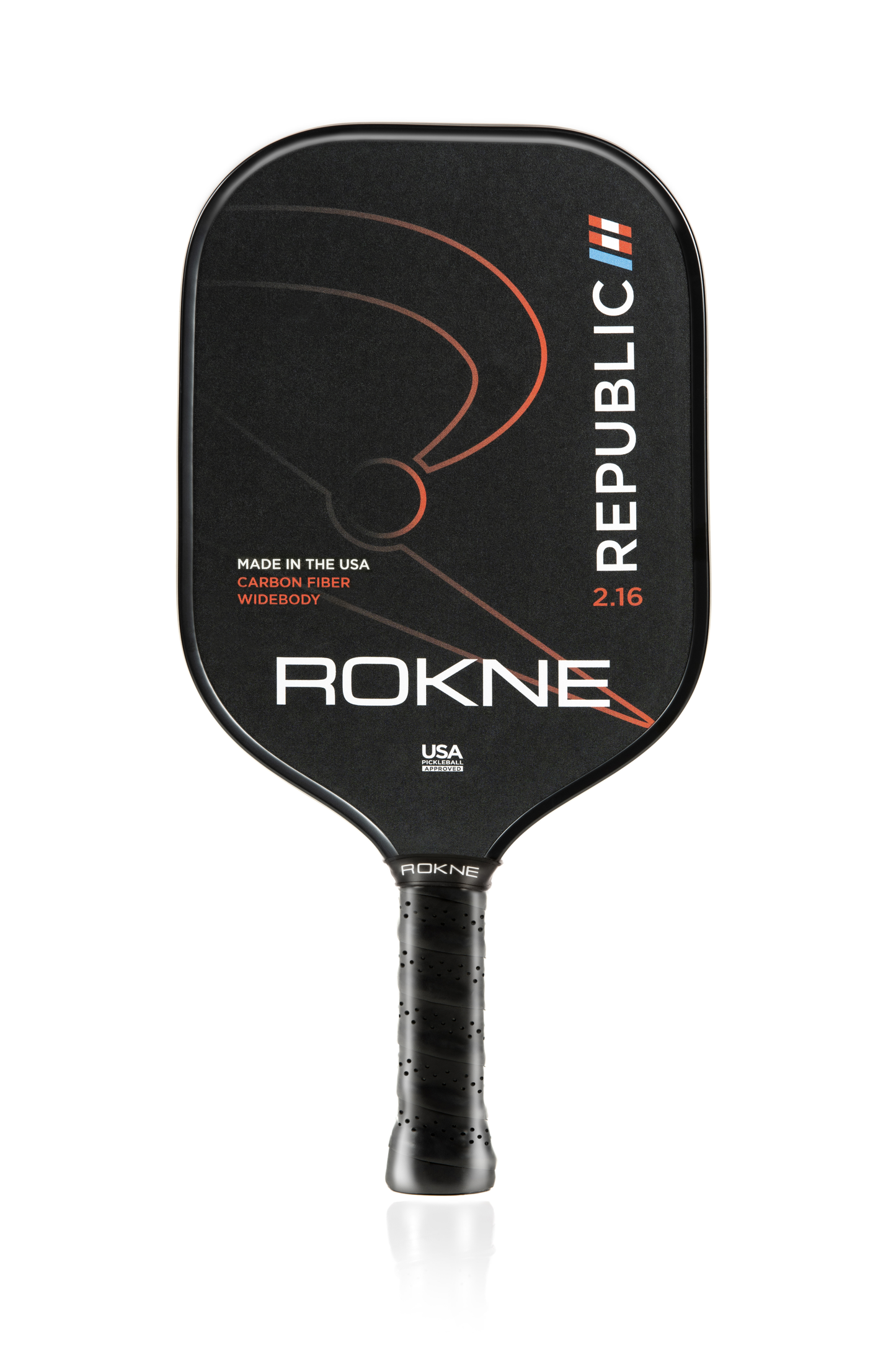 The ROKNE REPUBLIC 2.16 - UNIDIRECTIONAL CARBON FIBER pickleball paddle is black with orange and white accents, features a curved abstract line design, "MADE IN THE USA" text, and is USA Pickleball Approved with POSIcore construction.