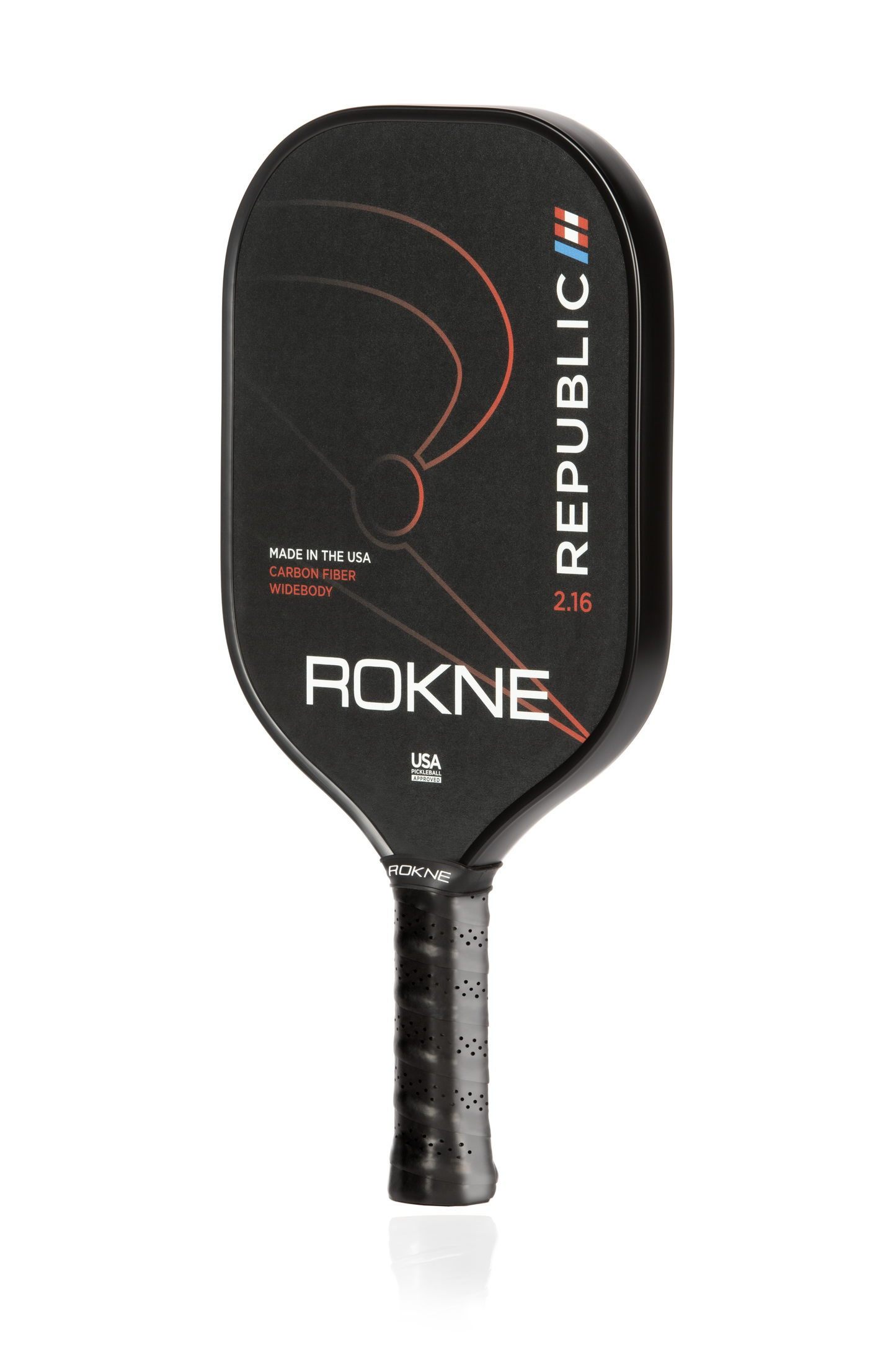 The ROKNE REPUBLIC 2.16 - UNIDIRECTIONAL CARBON FIBER paddle features POSIcore Construction, a widebody face, black grip, white branding, and curved red and white lines with “REPUBLIC,” “USA,” and “2.16” details.