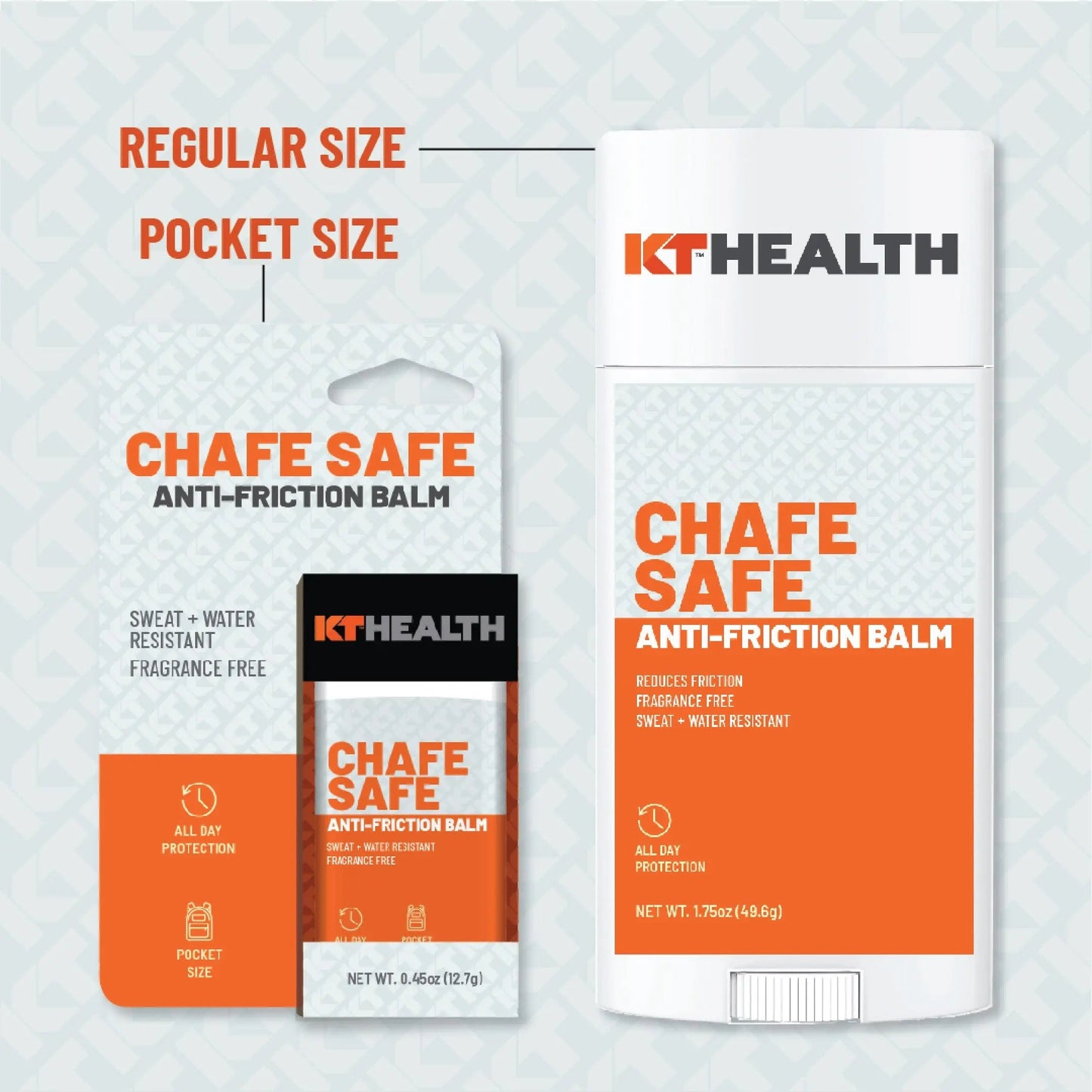 Two KT Tape KT Health Chafe Safe™ Anti-Friction Balm packages: a pocket-size blister pack and a regular-size stick, both with orange and white labels, provide sweat/water-resistant, all-day anti-chafing protection.