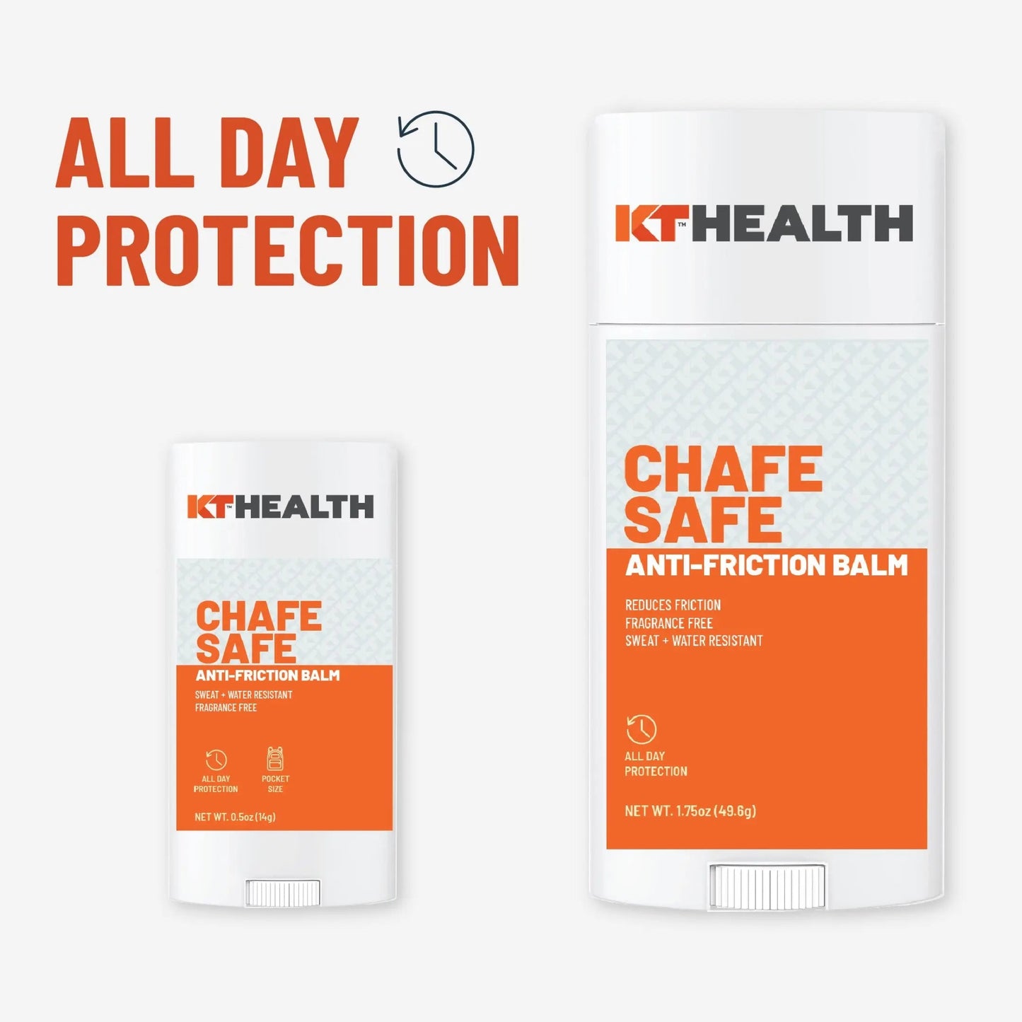 Two KT Health Chafe Safe™ Anti-Friction Balm sticks by KT Tape, one small and one large, are shown on a white background with “ALL DAY PROTECTION” and a clock icon. Packaging emphasizes chafing protection and blister prevention.