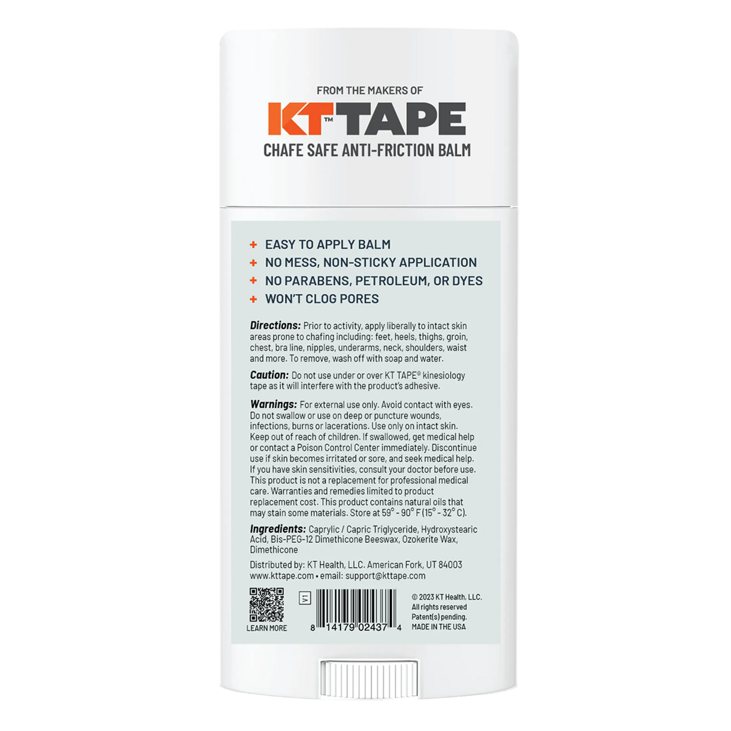 The KT Tape KT Health Chafe Safe™ Anti-Friction Balm in a white stick protects against chafing and blisters. The label notes easy, mess-free use, no parabens, and non-clogging pores. Directions and ingredients are on the back.