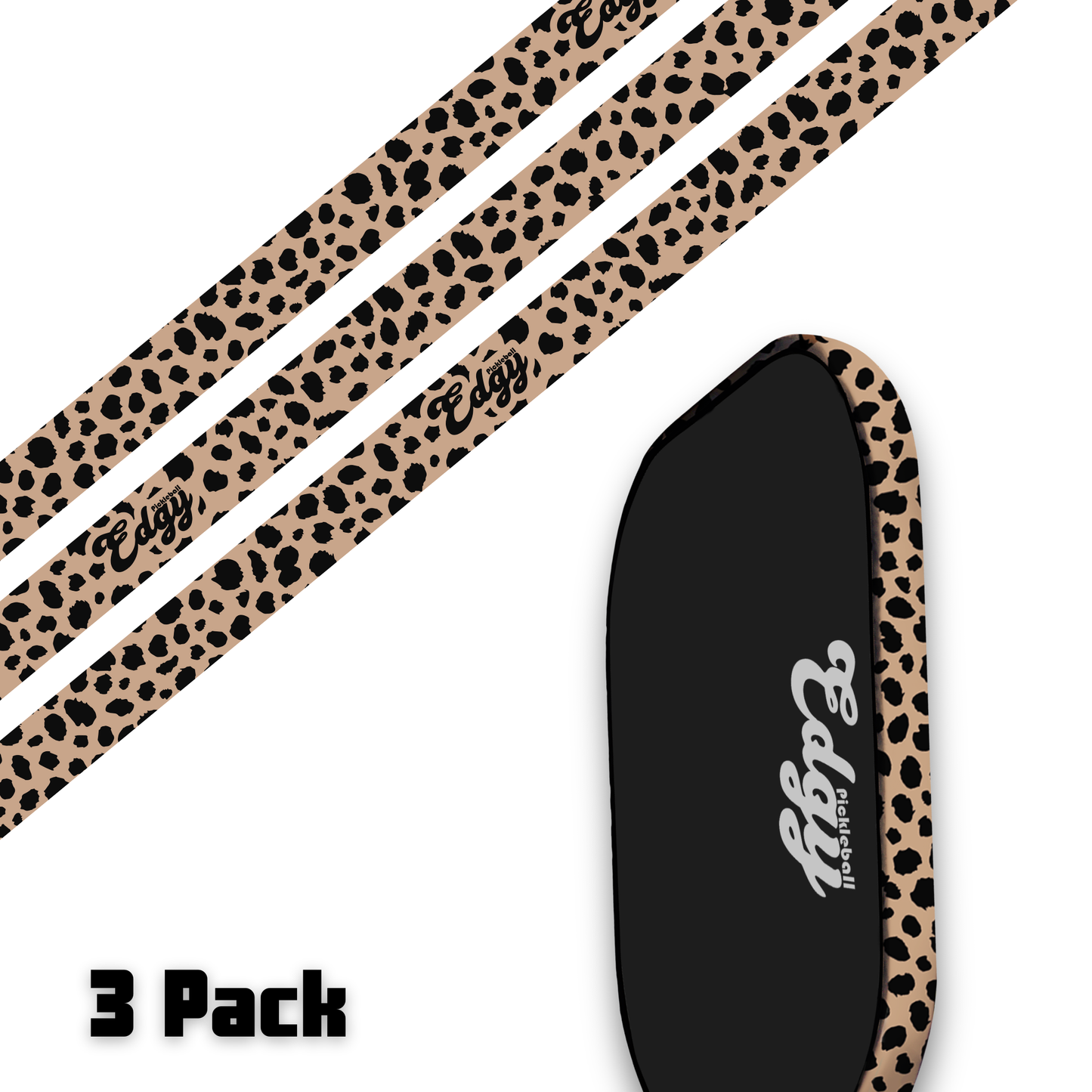 Three Edgy Pickleball “Cheetah Print Edge Tape” strips are shown next to a black pickleball paddle deck with matching trim. Bold text reads “3 Pack.” The modern, eye-catching edge tape is perfect for customizing your paddle.