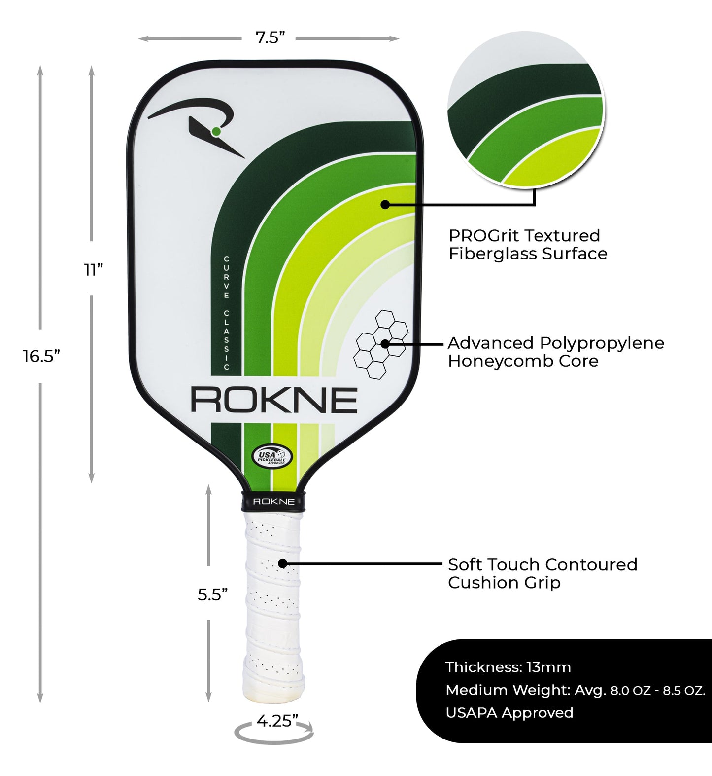 The ROKNE CURVE CLASSIC ORIGINAL pickleball paddle features a white face with green and yellow arcs, the ROKNE logo, PROGrit texture fiberglass surface, advanced honeycomb core, soft touch cushion grip, measurements, and key features.