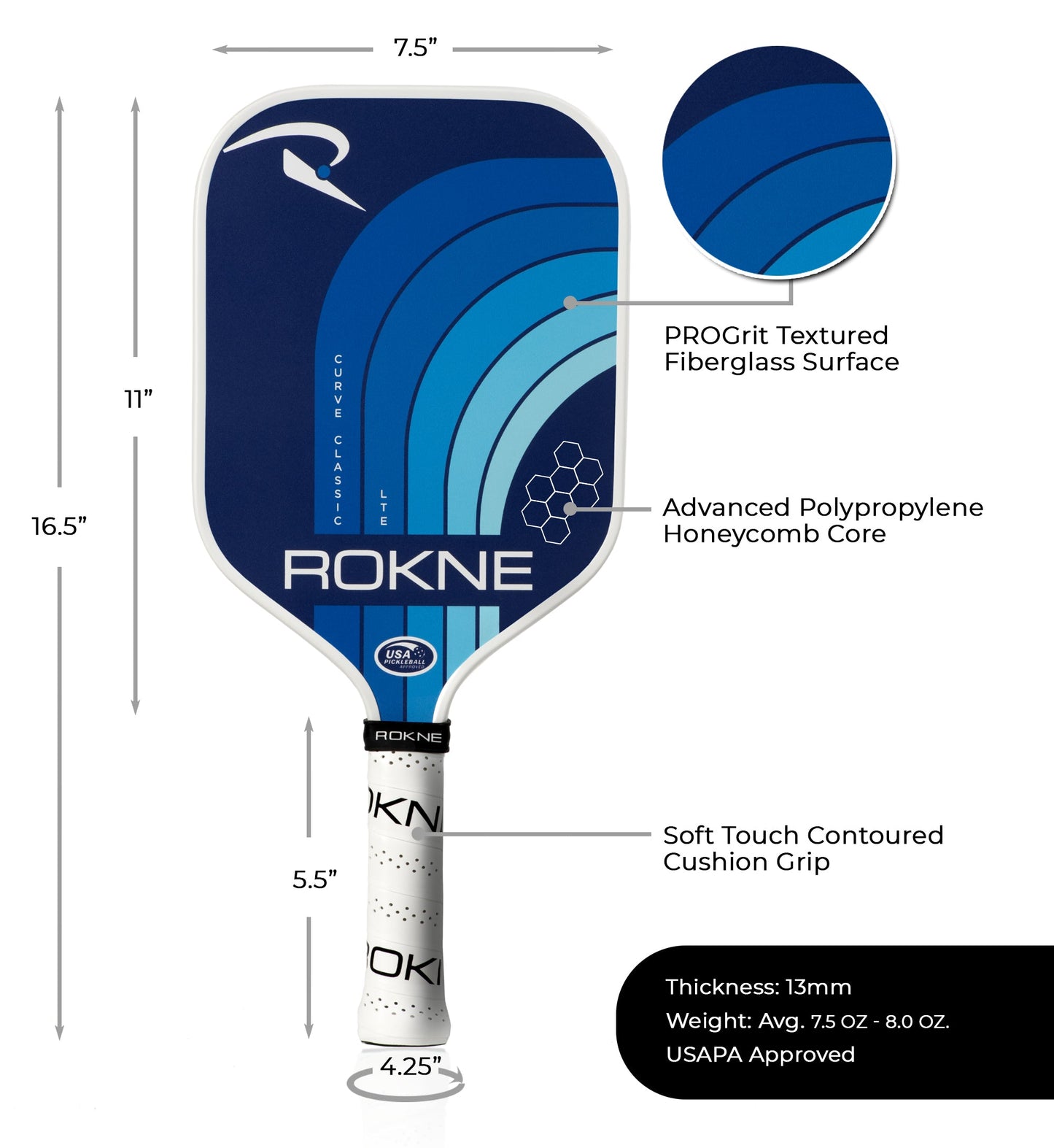 The blue ROKNE CURVE CLASSIC LTE pickleball paddle has a PROGrit textured fiberglass surface, polypropylene honeycomb core, 7.5"x16.5" size, 4.25" soft grip, 13mm thickness, and weighs just 7.5–8 oz.