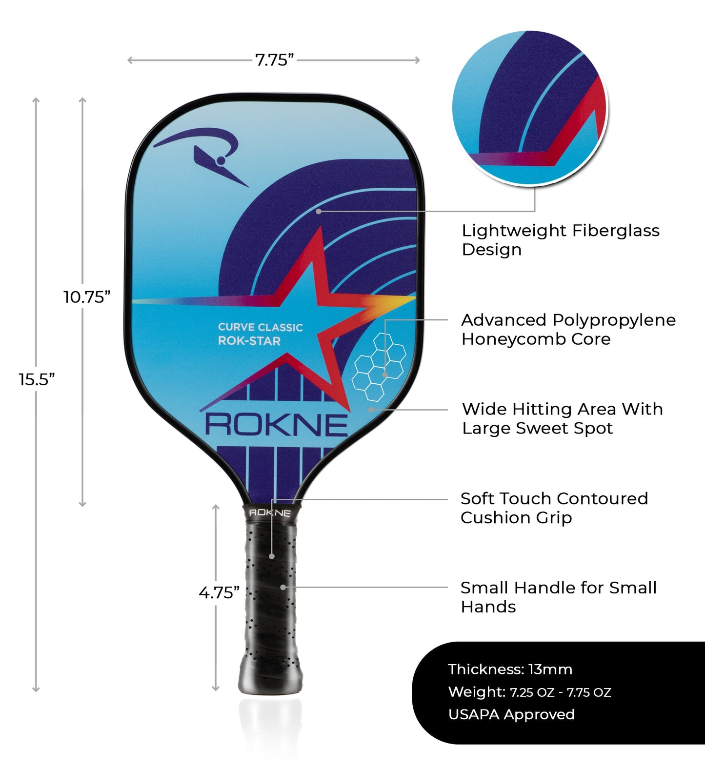 The ROKNE CURVE CLASSIC ROK-STAR Kids Paddle is a blue fiberglass paddle with red and purple star design, lightweight honeycomb core, wide hitting area, cushioned contoured grip, 15.5"x7.75", 13mm thick, and weighs 7.25–7.75 oz—ideal for kids.