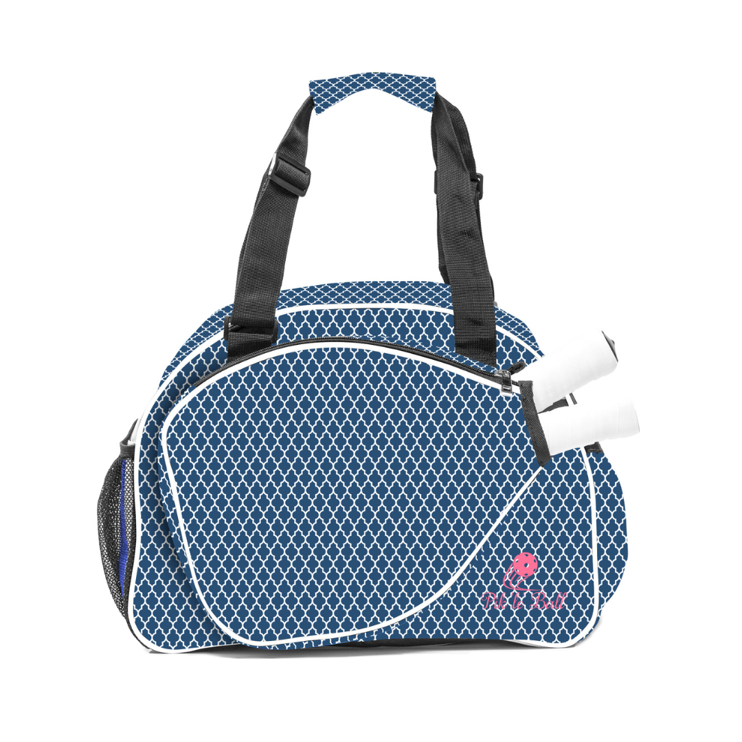 Carry your gear in style with the Pik'le'Ball Sports Classy Premium Women's Pickleball Bag—a stylish blue and white organizer with paddle and gear storage.