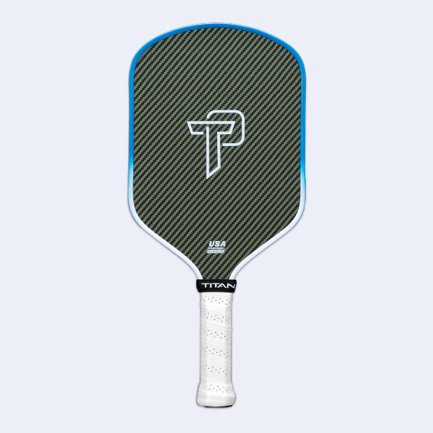 The Titan Pickleball Titan Nova 16L is a pro-level carbon fiber paddle featuring a gray and black diagonal pattern, blue edges, white TP logo, "USA" text, "TITAN" on the black neck, and a white perforated grip on a light gray background.